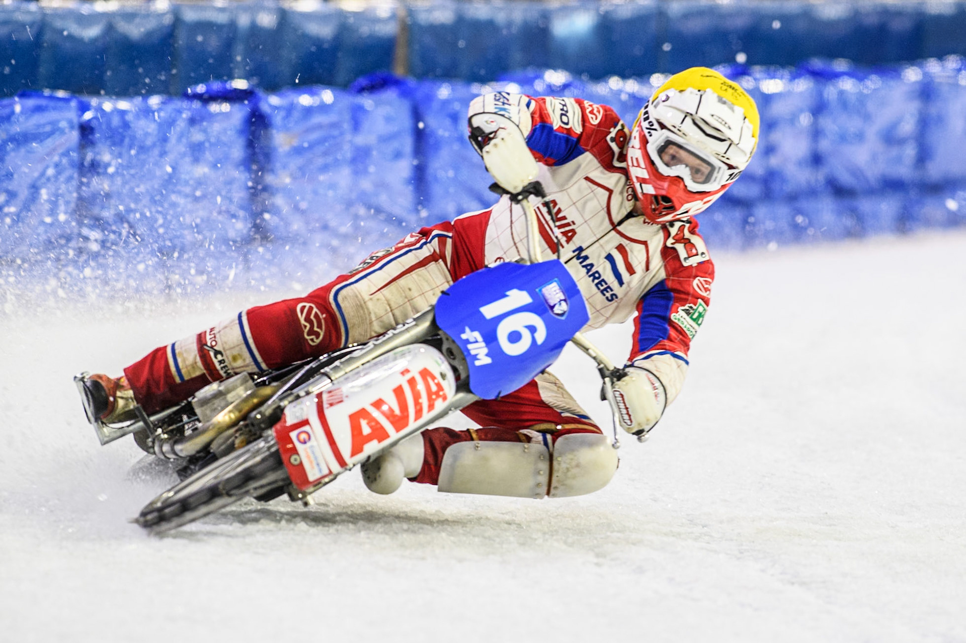 Wild Card Niek Schaap (16) of The Netherlands in action during the FIM Ice Speedway Gladiators World Championship, Final 3 at the Ice Stadium, Thialf, Heerenveen on Saturday 5th April 2025. (Photo: Ian Charles | MI News)