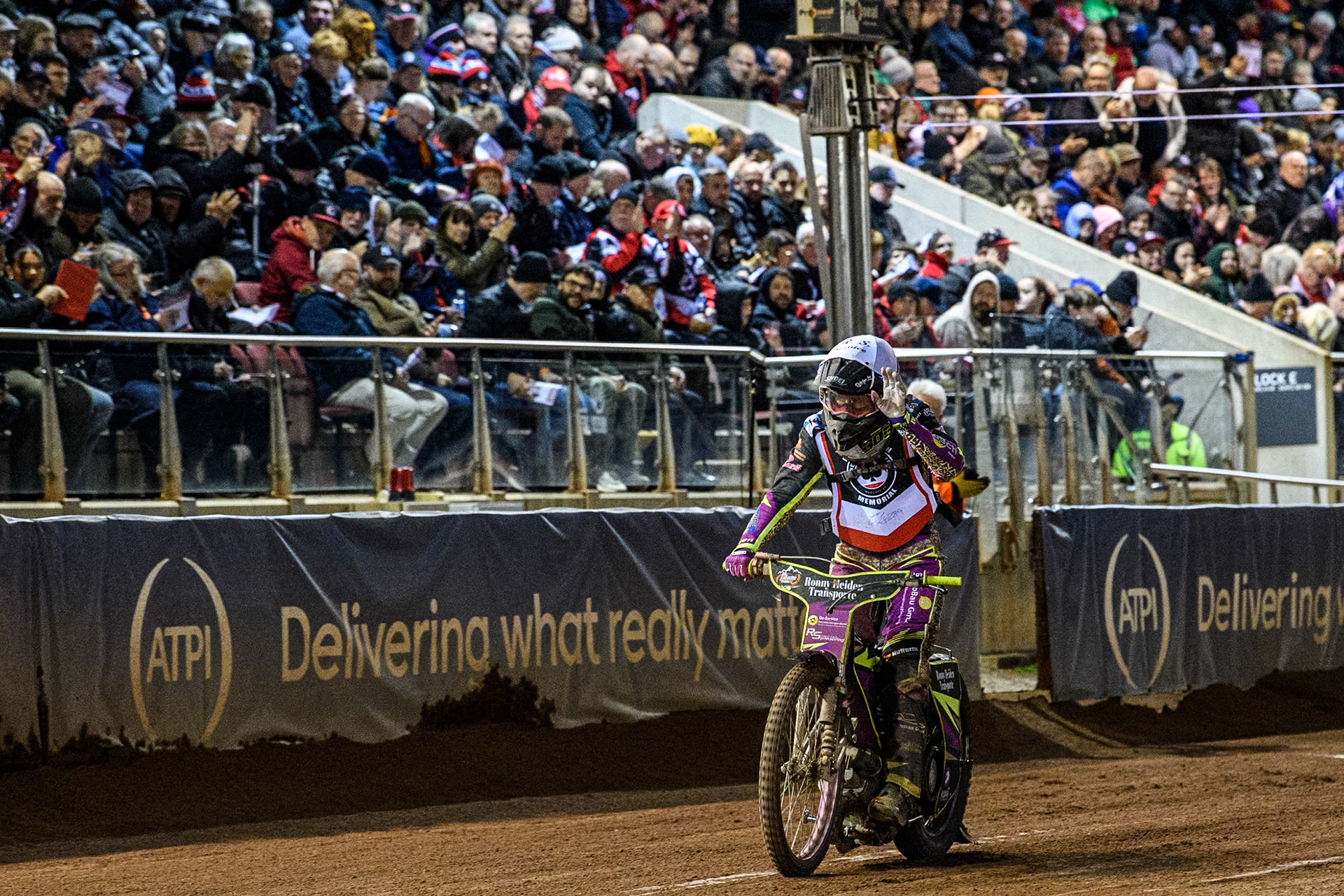 Germany's Celina Liebmann acknowledges the crowds cheers after he final heat during the Peter Craven Memorial Trophy meeting at the National Speedway Stadium, Manchester on Monday 18th March 2024. (Photo: Ian Charles | MI News)