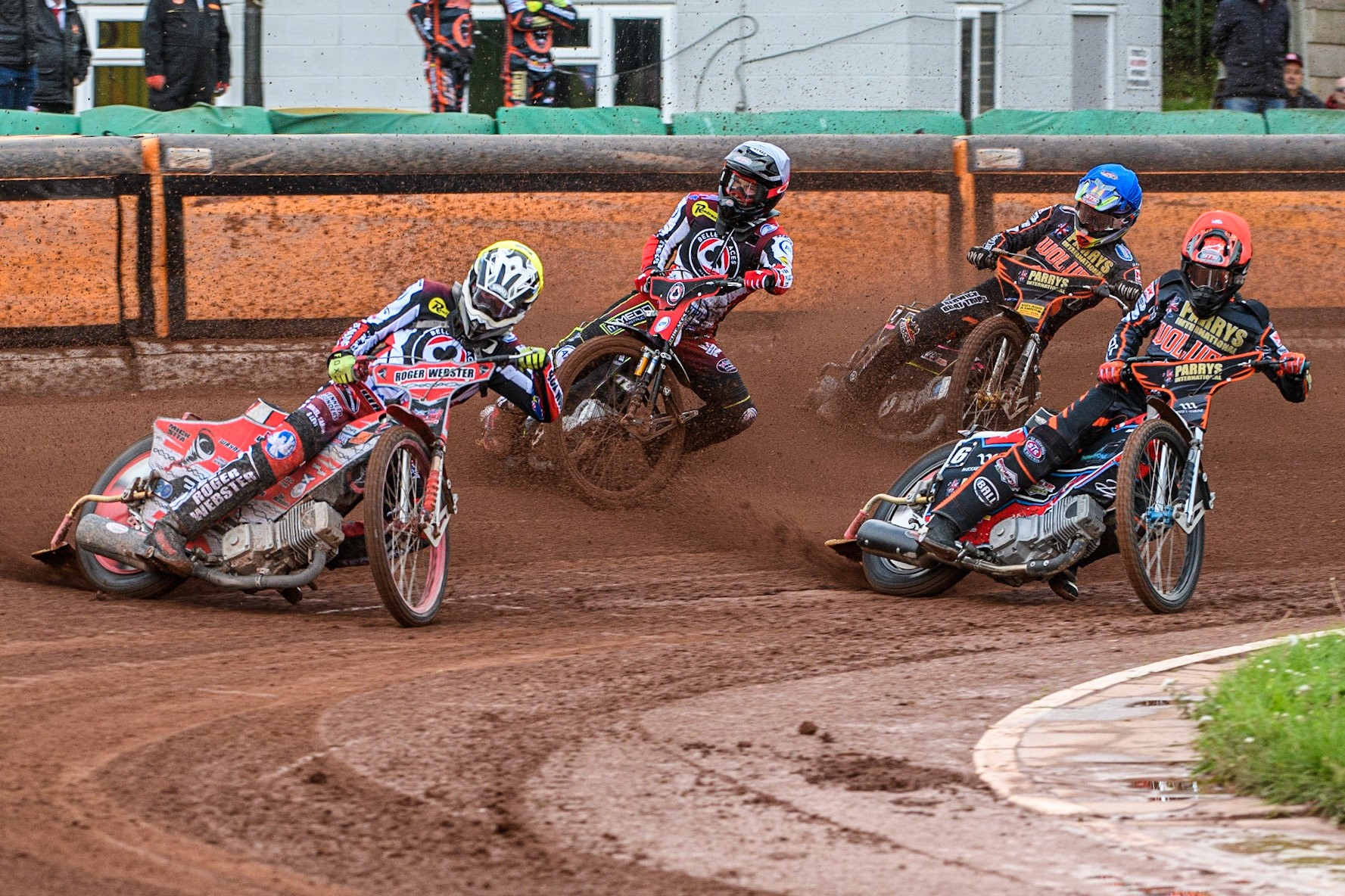 Connor Bailey (Yellow) leads Zach Cook (Red), Tom Brennan (White) and Leon Flint (Blue) during the Sports Insure Premiership match between Wolverhampton Wolves and Belle Vue Aces at Monmore Green Stadium, Wolverhampton on Monday 10th July 2023. (Photo: Ian Charles | MI News)