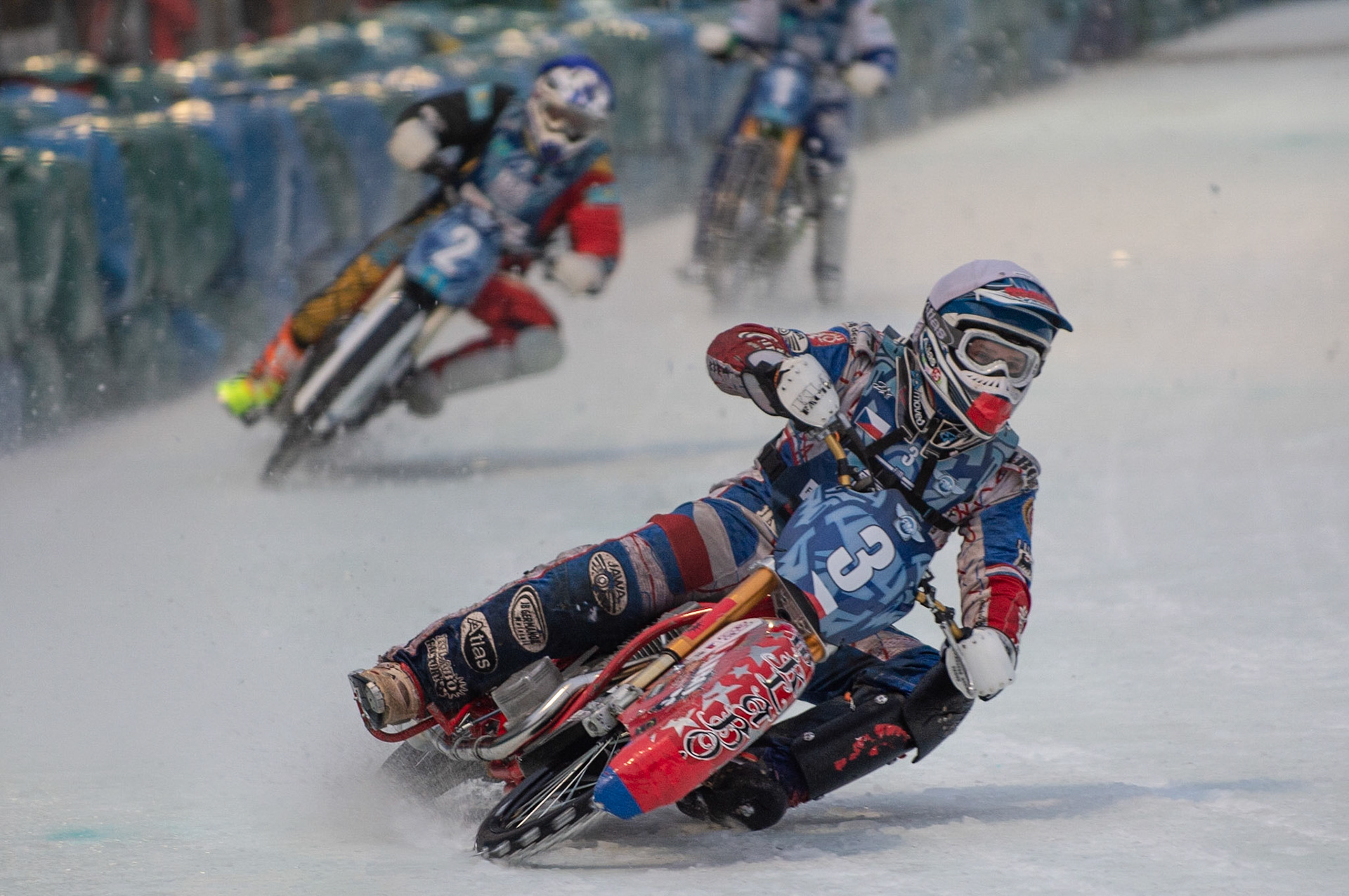 BERLIN GERMANY  - February 29   Jan Klatovsky (White) leads Vladimir Cheblokov (Blue) during theIce Speedway of Nations (Day 1) at the Horst-Dohm-Eisstadion, Berlin,  on Saturday 29 February 2020. (Credit: Ian Charles | MI News)
