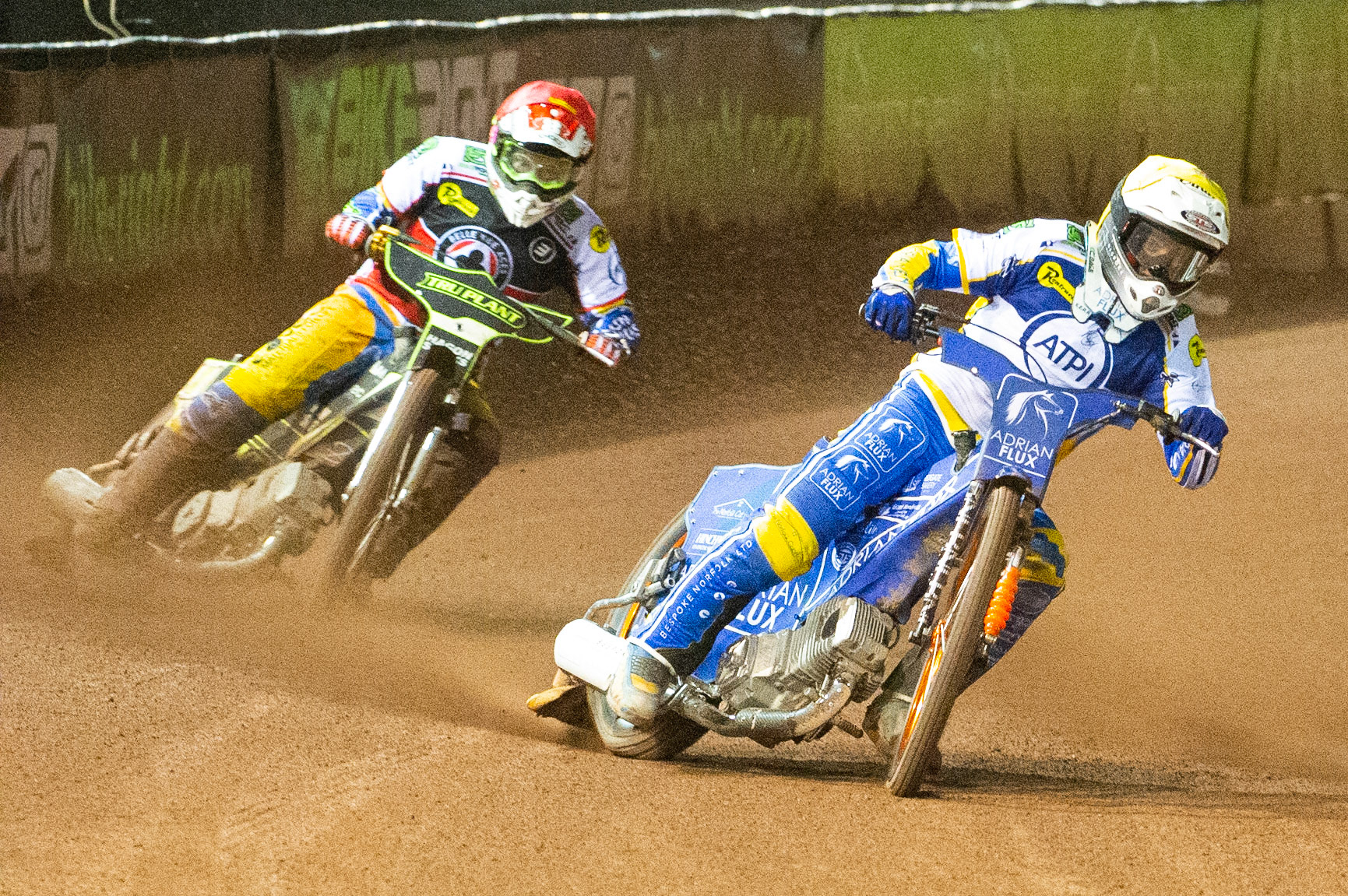 Photo: Ian CharlesLewis Kerr of the 'ATPI' All Stars (Yellow) leads Jason Crump of Belle Vue 'BikeRight' Aces  (Red)Belle Vue ‘Bikerite ’Aces v ‘ATPI’ All Stars, Premiership Challenge, National Speedway Stadium, Manchester Thursday  24  September  2020