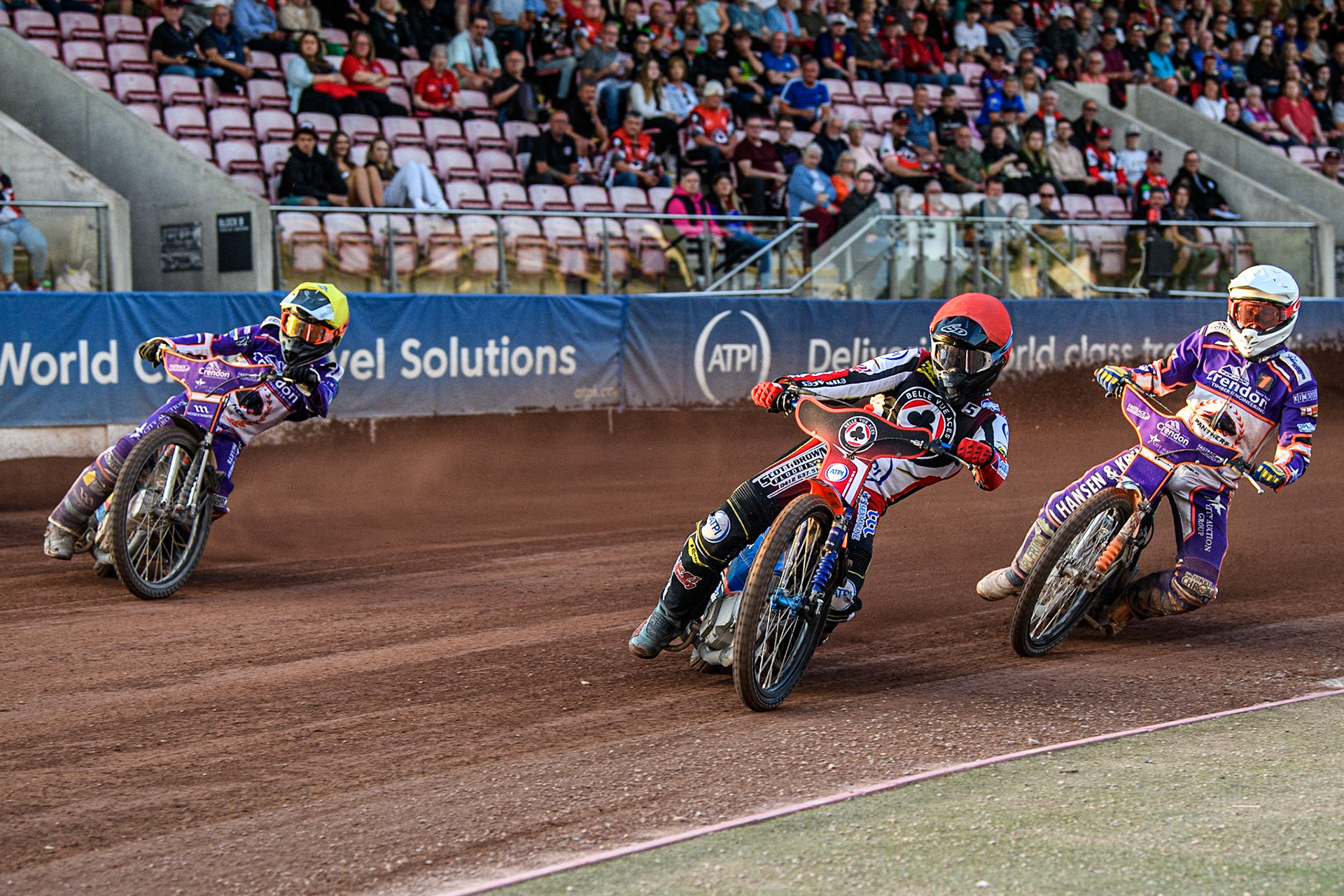 Brady Kurtz (Red) leads Niels-Kristian Iversen  (White) during the Sports Insure Premiership match between Belle Vue Aces and Peterborough at the National Speedway Stadium, Manchester on Monday 19th June 2023. (Photo: Ian Charles | MI News)