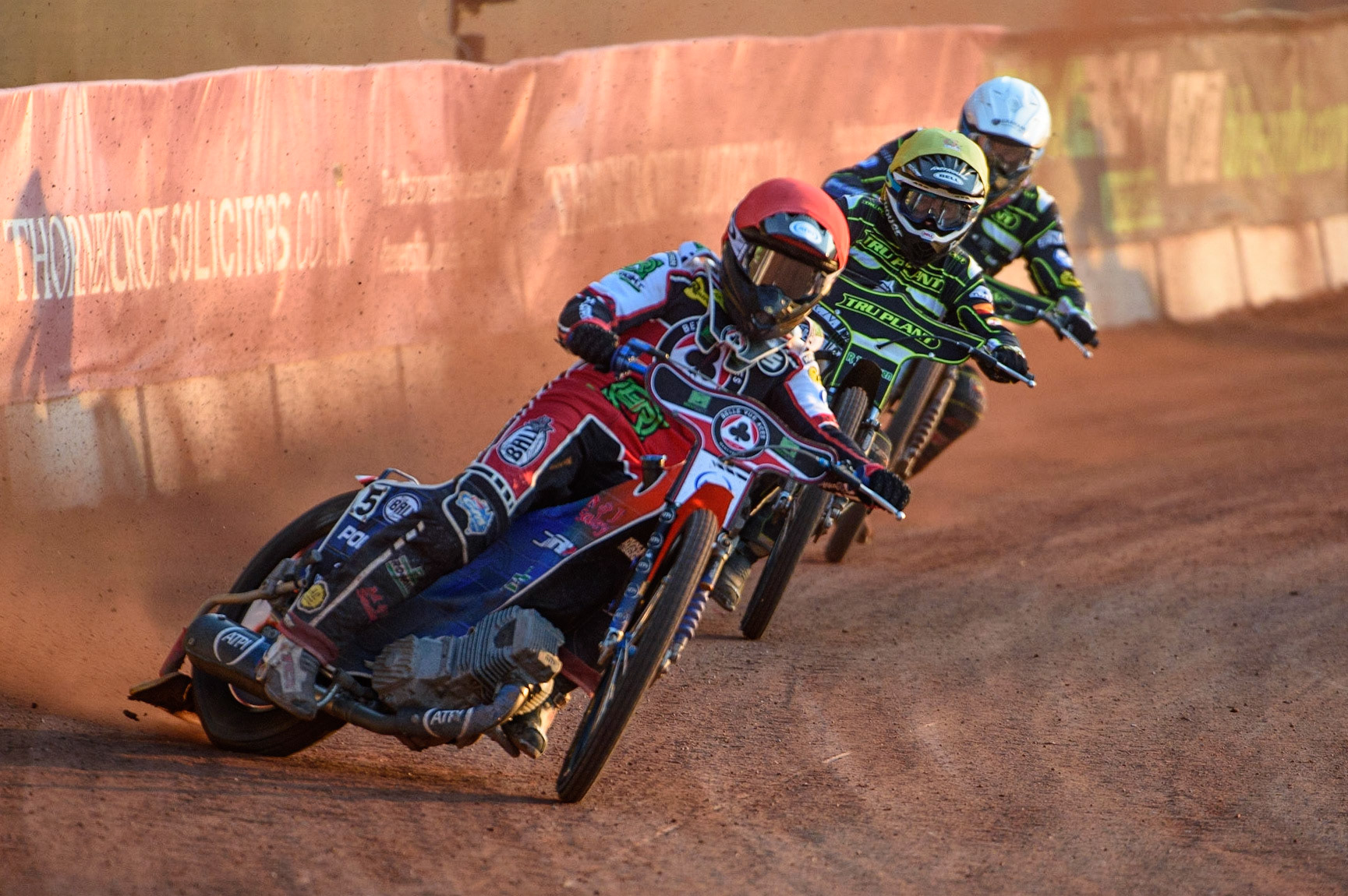 MANCHESTER UKBrady Kurtz   (Red) leads Danny King  (Yellow) and Craig Cook   (White) during the SGB Premiership match between Belle Vue Aces and Ipswich Witches at the National Speedway Stadium, Manchester on Monday 2nd August 2021. (Credit: Ian Charles | MI News)