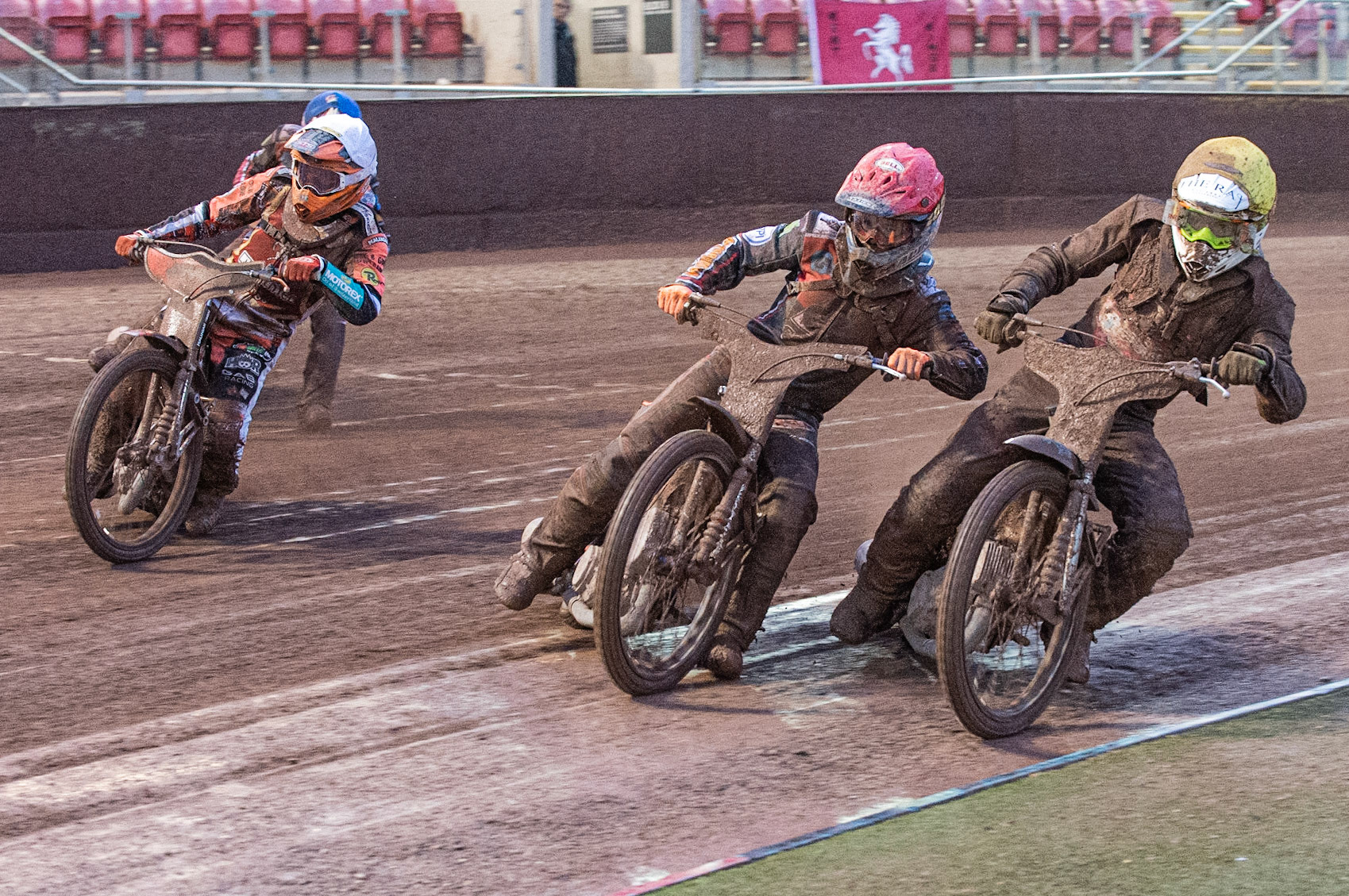 Photo: Ian Charles

(l-r) Jordan Jenkins  (White) Jordan Palin  (Red) and Daniel Gilkes (Yellow) go into the first turn

Belle Vue Colts v Kent Kings, SGB National League, Belle Vue National Speedway Stadium, Manchester, Thursday 1  August  2019