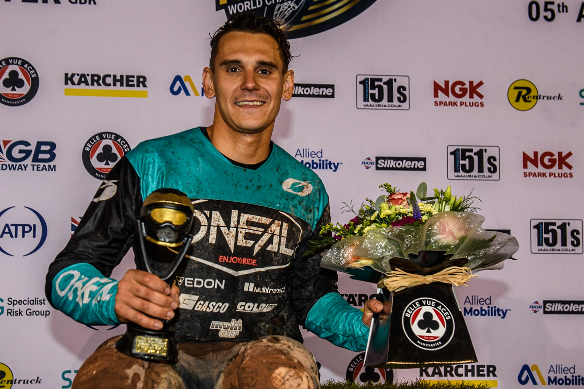 Round 1 winner Ondřej Svědík (22) Czech Rep. during the FIM World Flat Track Championship Round 1 at the National Speedway Stadium, Manchester on Saturday 5th August 2023. (Photo: Ian Charles | MI News)