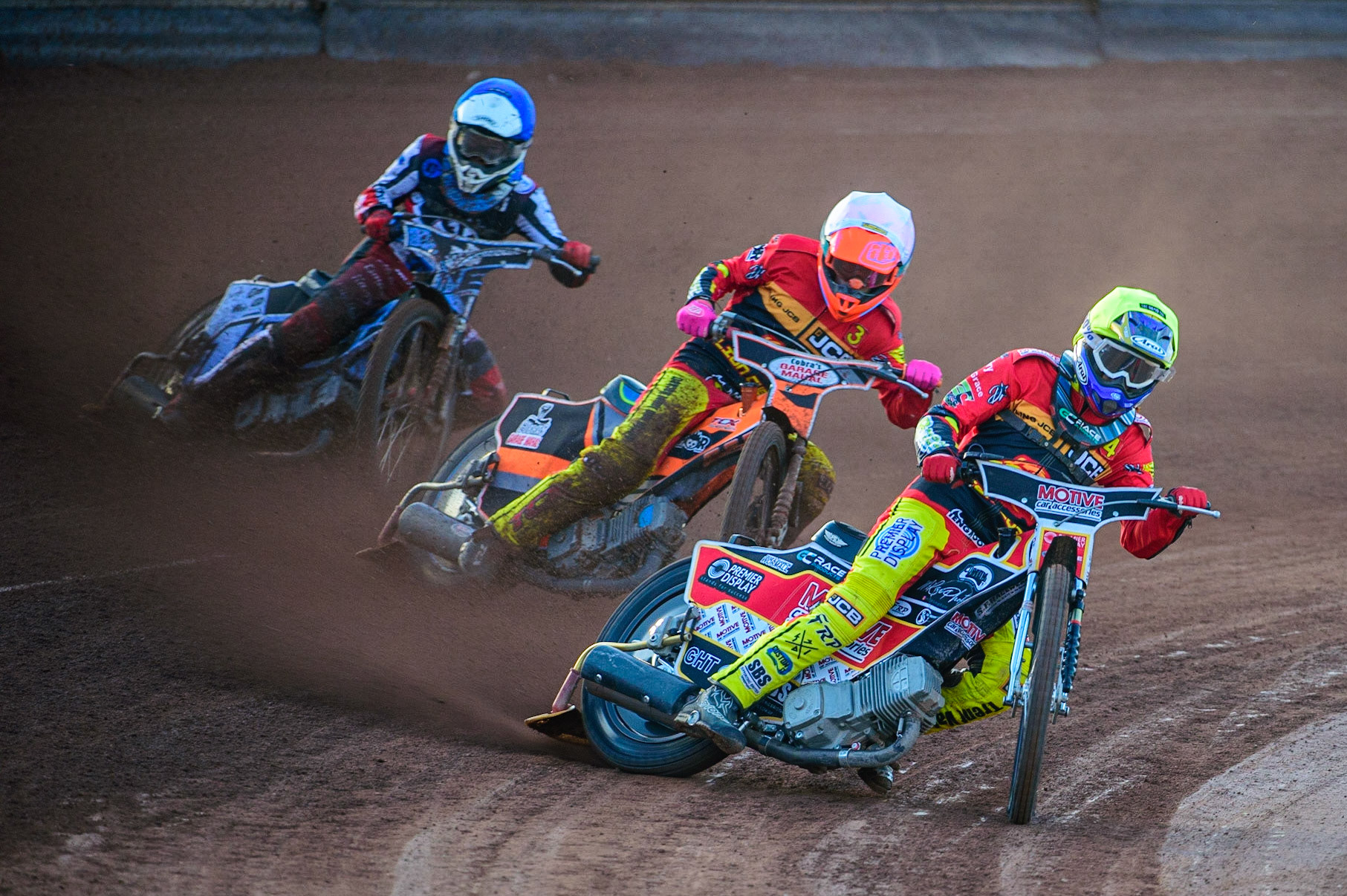 Tom Spencer  (Yellow) leads team mate Connor Coles  (White) and Sam McGurk  (Blue) during the National Development League match between Belle Vue Aces and Leicester Lions at the National Speedway Stadium, Manchester on Friday 19th August 2022. (Credit: Ian Charles | MI News)