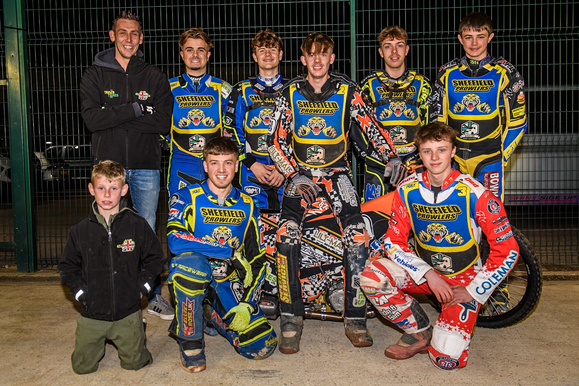 Sheffield/Scunthorpe Autocraft Cubs: Rear: (L to R) Team Manager Simon Lambert, Nathan Ablitt, Luke Harrison, Mickie Simpson, Ace Pijper, Jamie Etherington Kneeling: Kai Lambert (Mascot), Kean Dicken, Stene Pijper  during the WSRA National Development League match between Belle Vue Colts and Sheffield Tiger Cubs at the National Speedway Stadium, Manchester on Monday 7th October 2024. (Photo: Ian Charles | MI News)