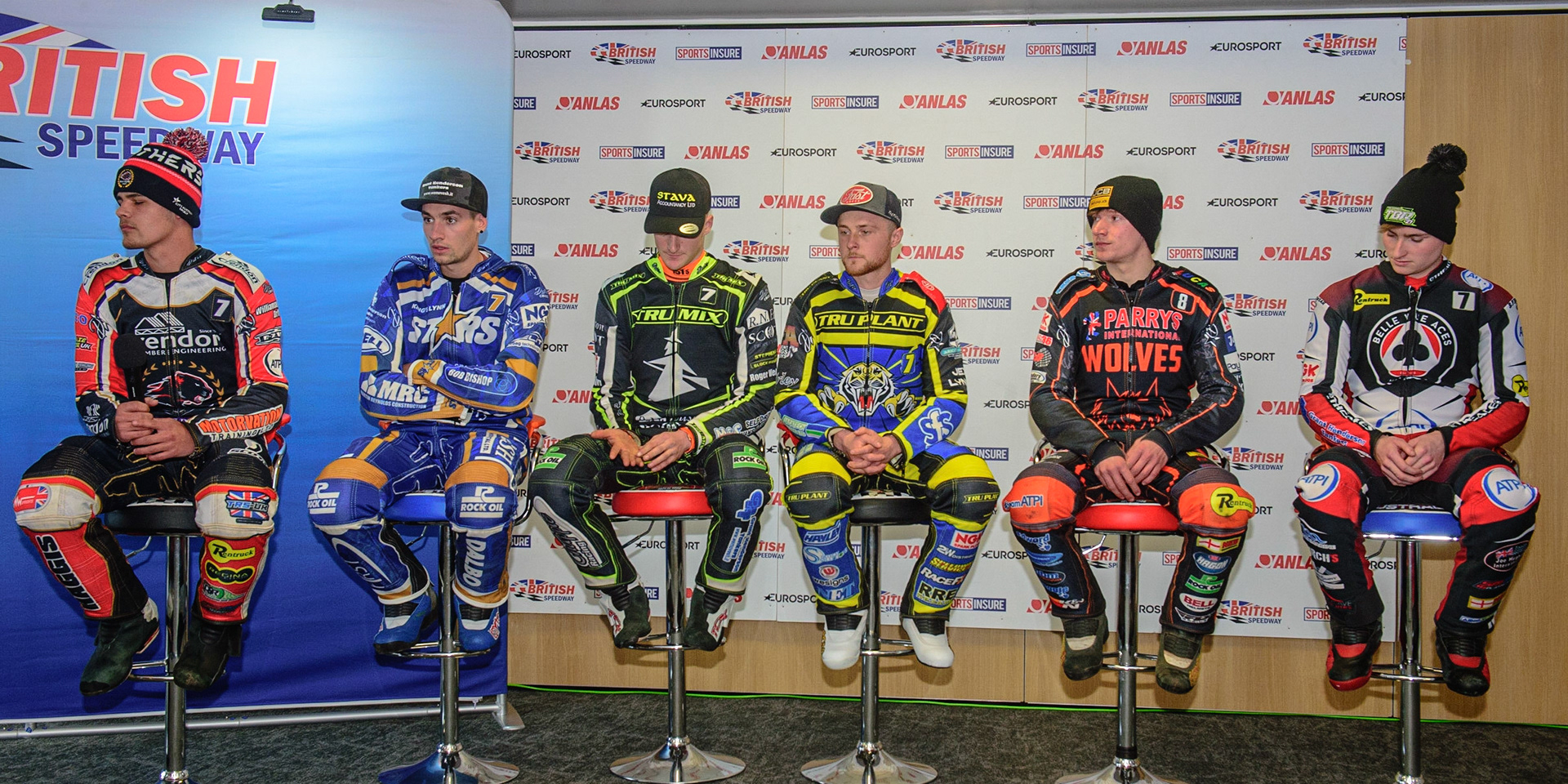 MANCHESTER, UK. APRIL 12TH: The team captains: (l-r) Chris Harris, Josh Pickering, Danny King, Sam Masters, Kyle Howarth and Brady Kurtz at the Discovery Networks Eurosport Speedway Season Launch at the National Speedway Stadium, Manchester on Tuesday 12th April 2022 (Credit: Ian Charles | MI News)
