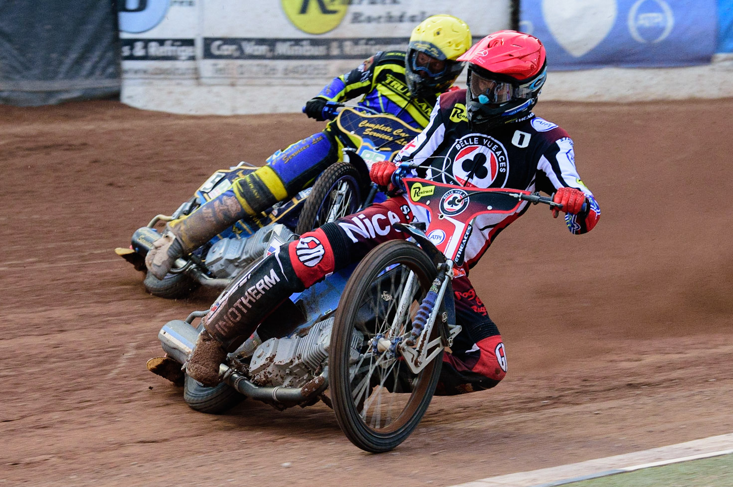 MANCHESTER, UK. JUL 5TH  Matej Zagar  (Red) leads Kyle Howarth  (Yellow)  during the SGB Premiership match between Belle Vue Aces and Sheffield Tigers at the National Speedway Stadium, Manchester on Tuesday 5th July 2022. (Credit: Ian Charles | MI News)
