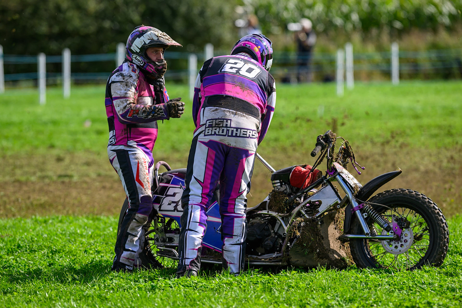 British Masters 1000cc Sidecars: Dale Fish/Jordan Fish (20)  after an engine failure during the British Masters Grasstrack Championship at Lower Marsh Farm, Much Hoole, Preston in Lancashire, England on Sunday 13th September 2026. (Photo: Ian Charles | MI News)