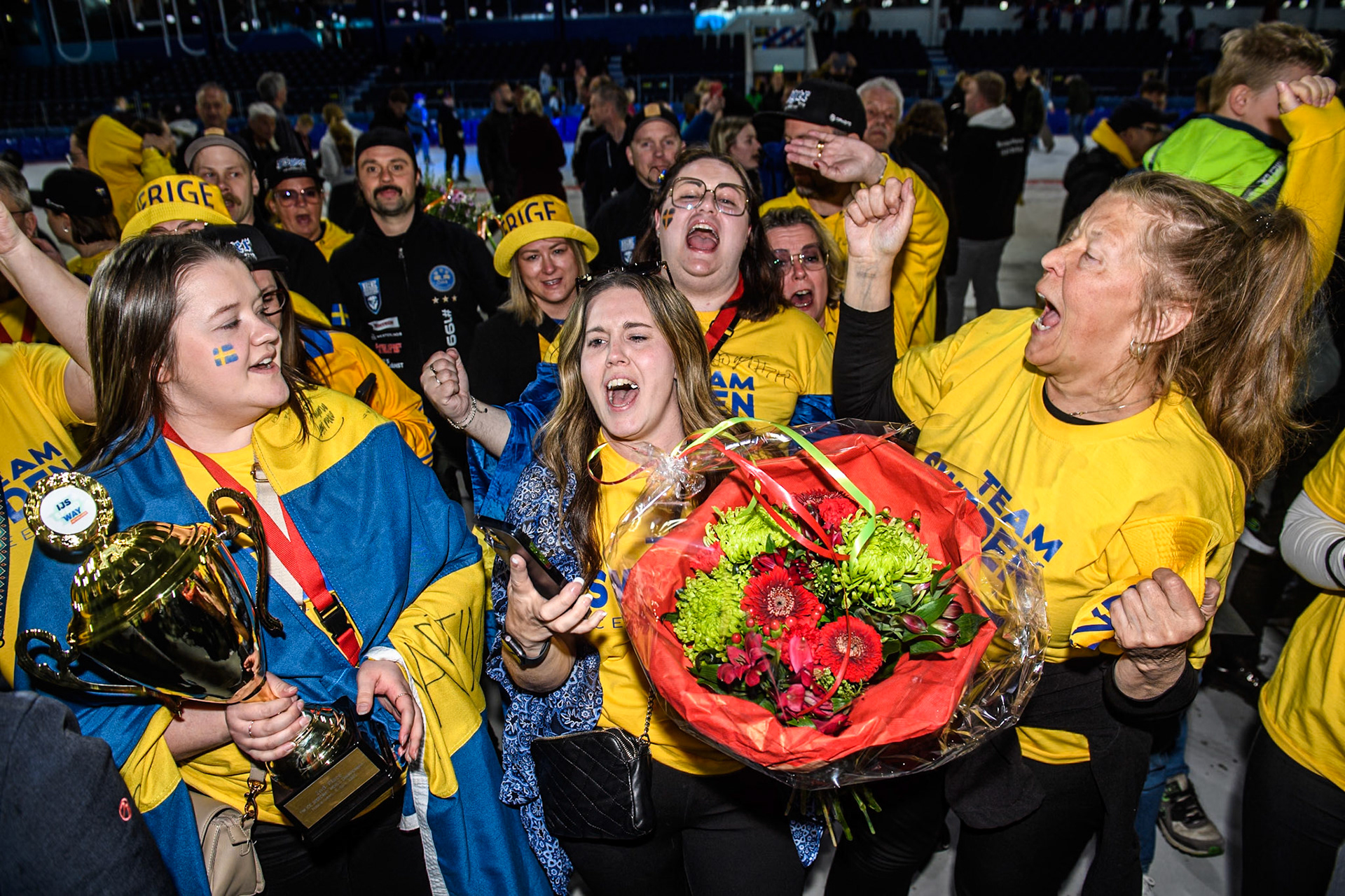 Swedish fans celebrate during the FIM Ice Speedway Gladiators World Championship, Final 4 at the Ice Stadium, Thialf, Heerenveen on Sunday 6th April 2025. (Photo: Ian Charles | MI News)