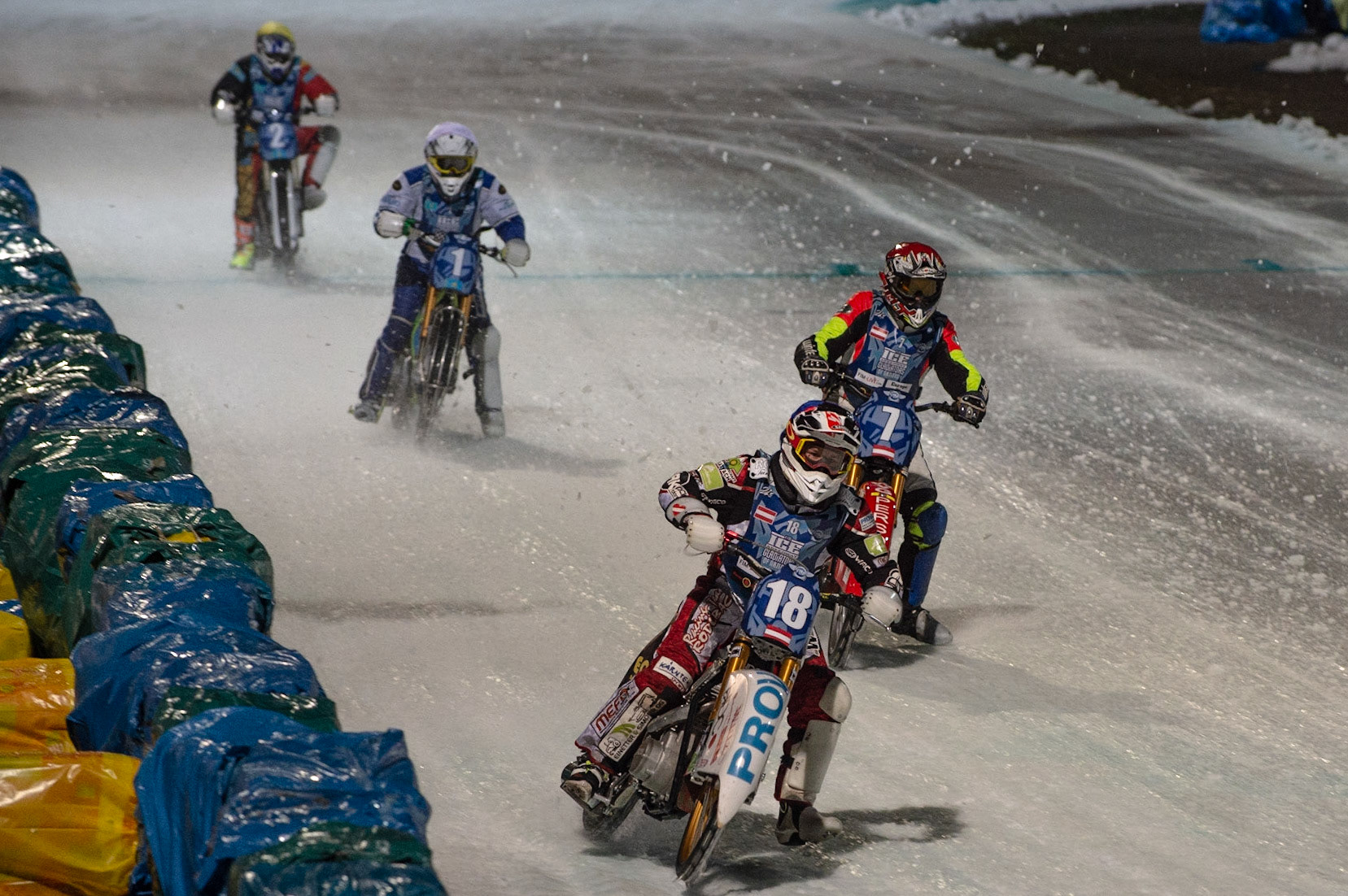 BERLIN GERMANY  - February 29 Charly Ebner (Blue) leads Harald Simon (Red) Pavel Nekrasov (White) and Vladimir Cheblokov (Yellow)   during theIce Speedway of Nations (Day 1) at the Horst-Dohm-Eisstadion, Berlin,  on Saturday 29 February 2020. (Credit: Ian Charles | MI News)