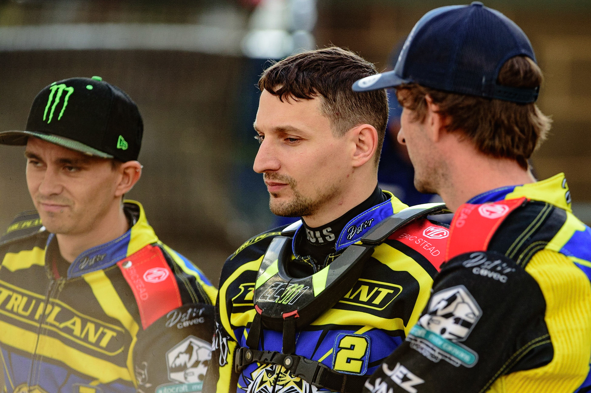 MANCHESTER, UK. JUL 5TH  (l - r) Jack Holder, Craig Cook  and Adam Ellis   during the SGB Premiership match between Belle Vue Aces and Sheffield Tigers at the National Speedway Stadium, Manchester on Tuesday 5th July 2022. (Credit: Ian Charles | MI News)