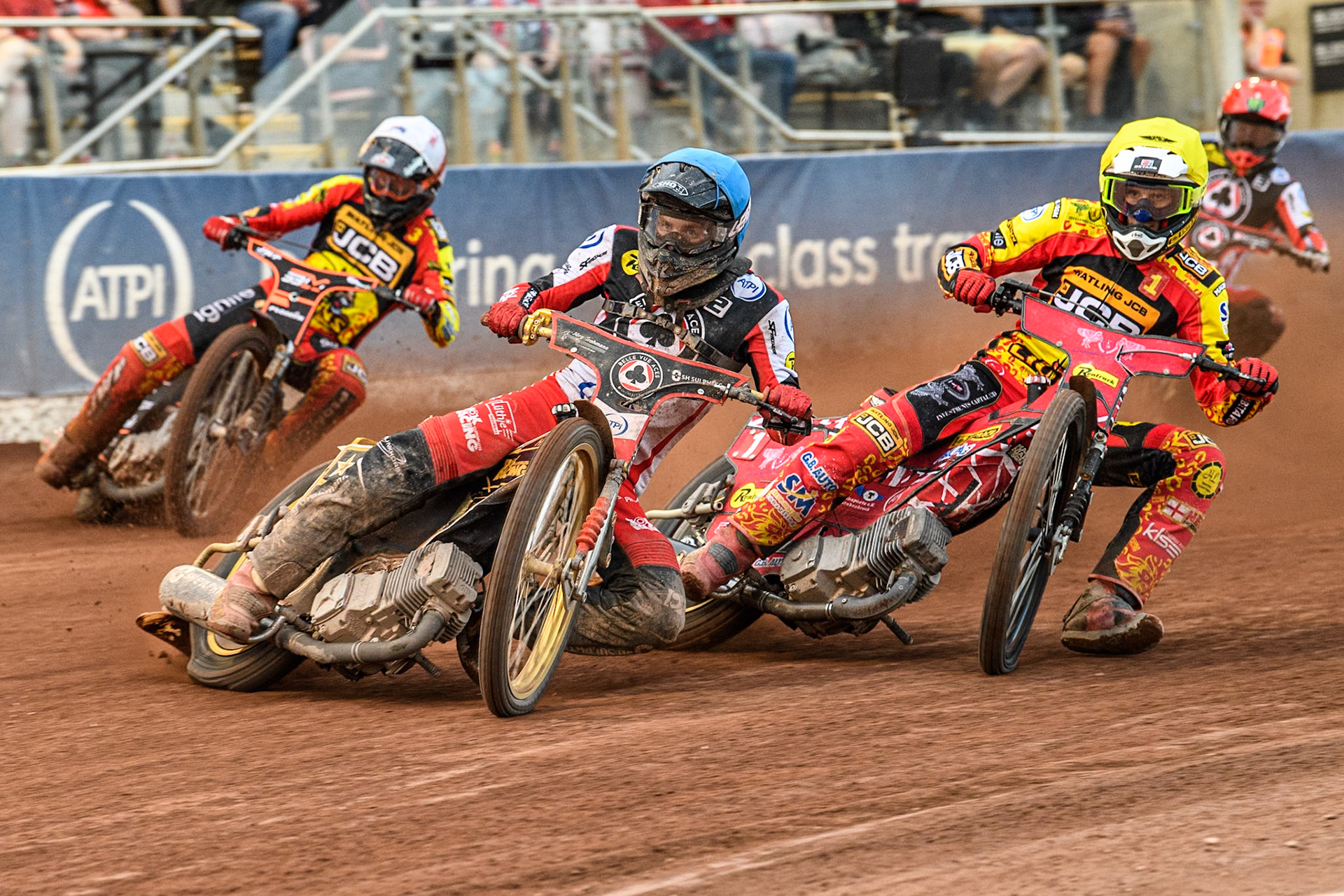 Belle Vue Aces' Norick Blodorn in Blue leading Leicester Lions' Max Fricke in Yellow, Leicester Lions' Sam Masters in White and Belle Vue Aces' Jaimon Lidsey in Blue during the Rowe Motor Oil Premiership match between Belle Vue Aces and Leicester Lions at the National Speedway Stadium, Manchester on Monday 24th June 2024. (Photo: Ian Charles | MI News)
