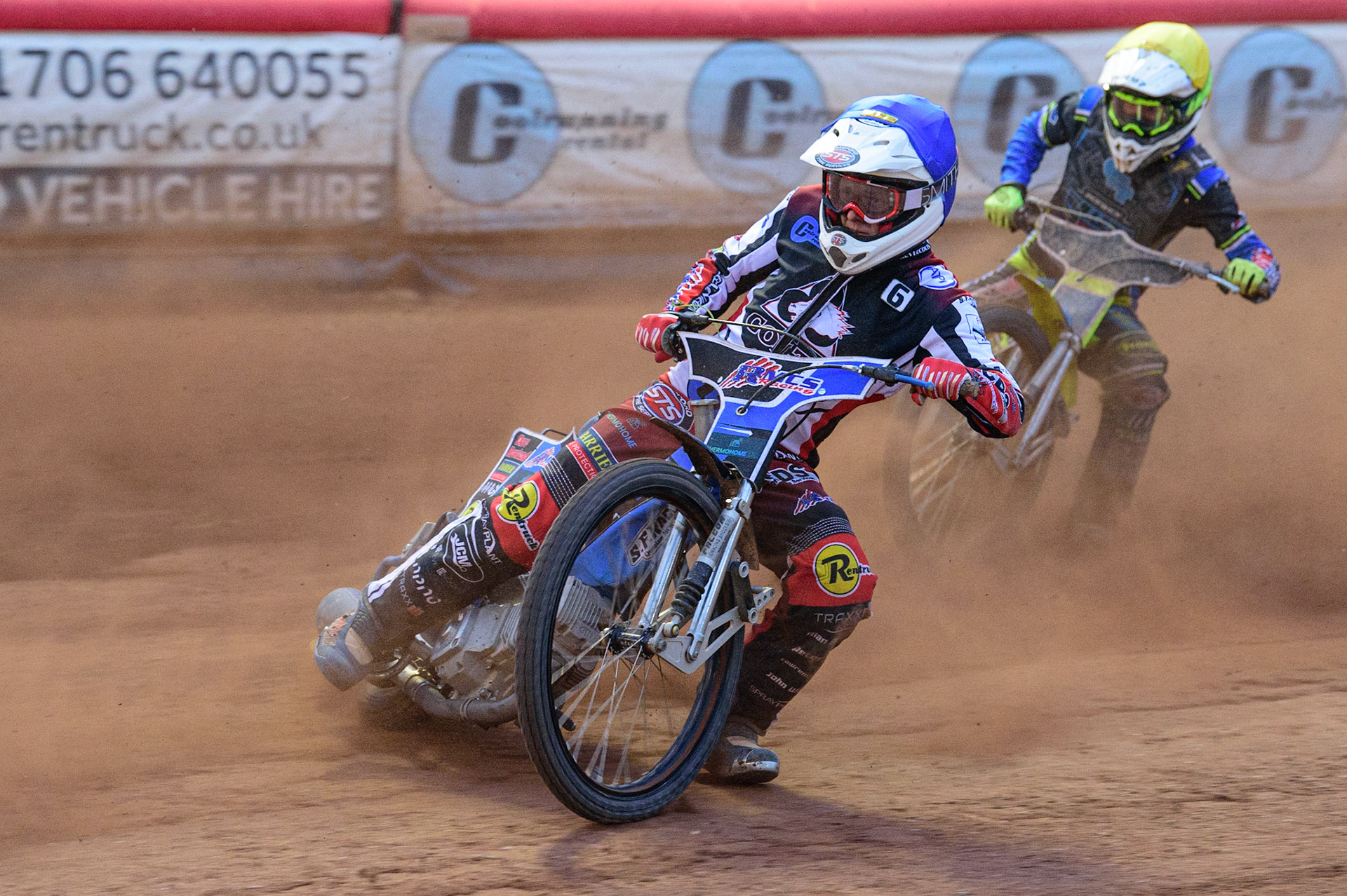 MANCHESTER, UK. JUN 24TH  Archie Freeman  (Blue) leads Ben Rathbone  (Yellow) during the National Development League match between Belle Vue Colts and Berwick Bullets at the National Speedway Stadium, Manchester on Friday 24th June 2022. (Credit: Ian Charles | MI News)