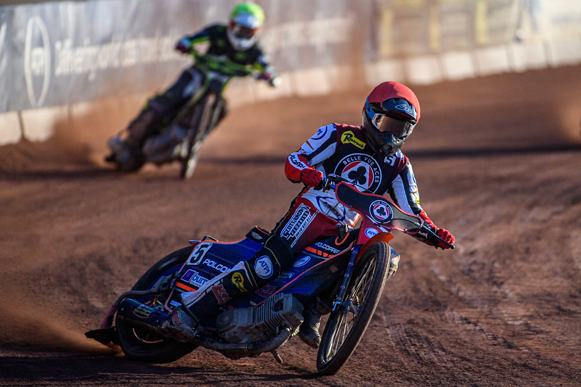 Brady Kurtz (Red) leads Danny King (White) during the Sports Insure Premiership match between Belle Vue Aces and Ipswich Witches at the National Speedway Stadium, Manchester on Monday 5th June 2023. (Photo: Ian Charles | MI News)