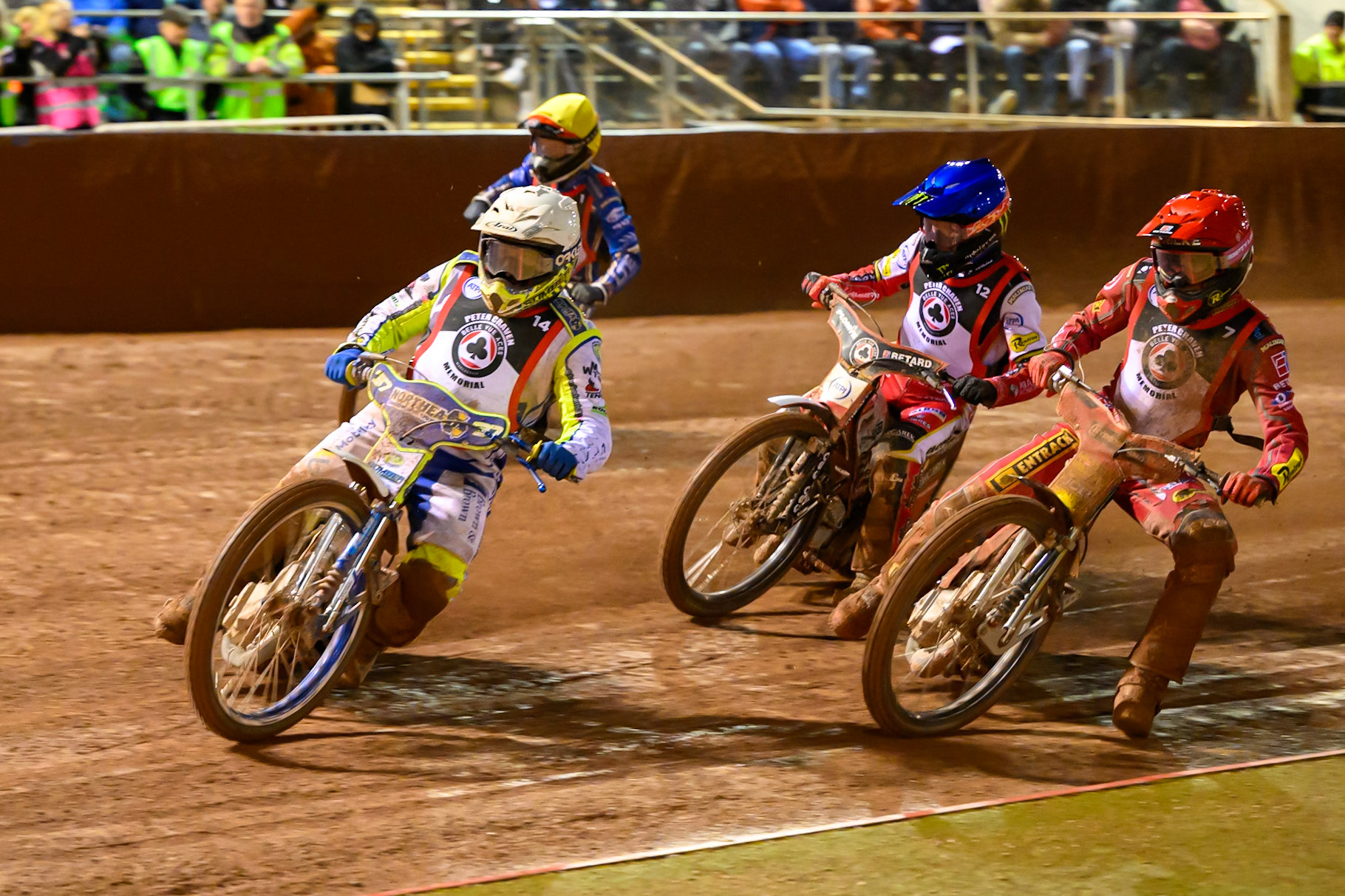 Chris Harris  in White leading Max Fricke  in Red, Dan Bewley in Blue and Nicolai Klindt  in Yellow during the Peter Craven Memorial Trophy at the National Speedway Stadium, Manchester, on Monday 16th March 2026. (Photo: Ian Charles | MI News)