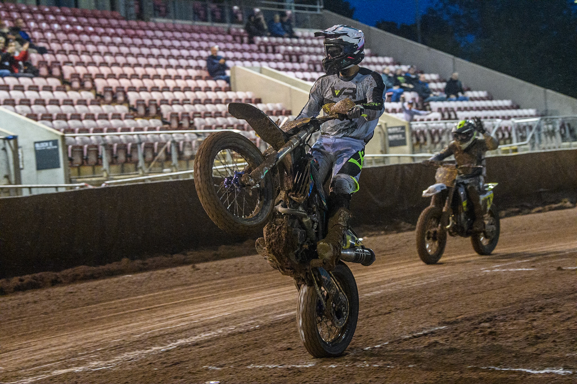 Gerard Bailo (17) from Spain celebrates with a wheelie during the FIM World Flat Track Championship Round 1 at the National Speedway Stadium, Manchester on Saturday 5th August 2023. (Photo: Ian Charles | MI News)