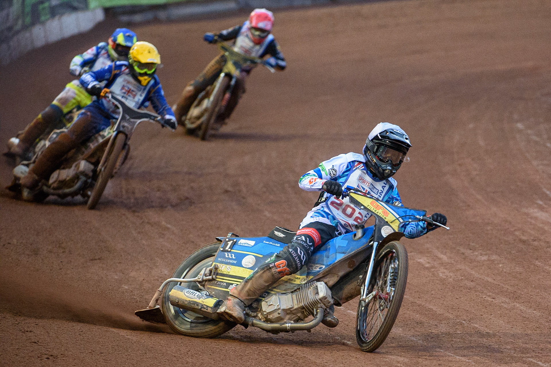 MANCHESTER, UK. AUGUST 16TH   Adam Ellis  (White) leads Richard Lawson. (Yellow), with Ben Barker  (Red) and Chris Harris  (Blue) behind during the Sports Insure British Speedway Finals at the National Speedway Stadium, Manchester on Monday 16th August 2021. (Credit: Ian Charles | MI News)