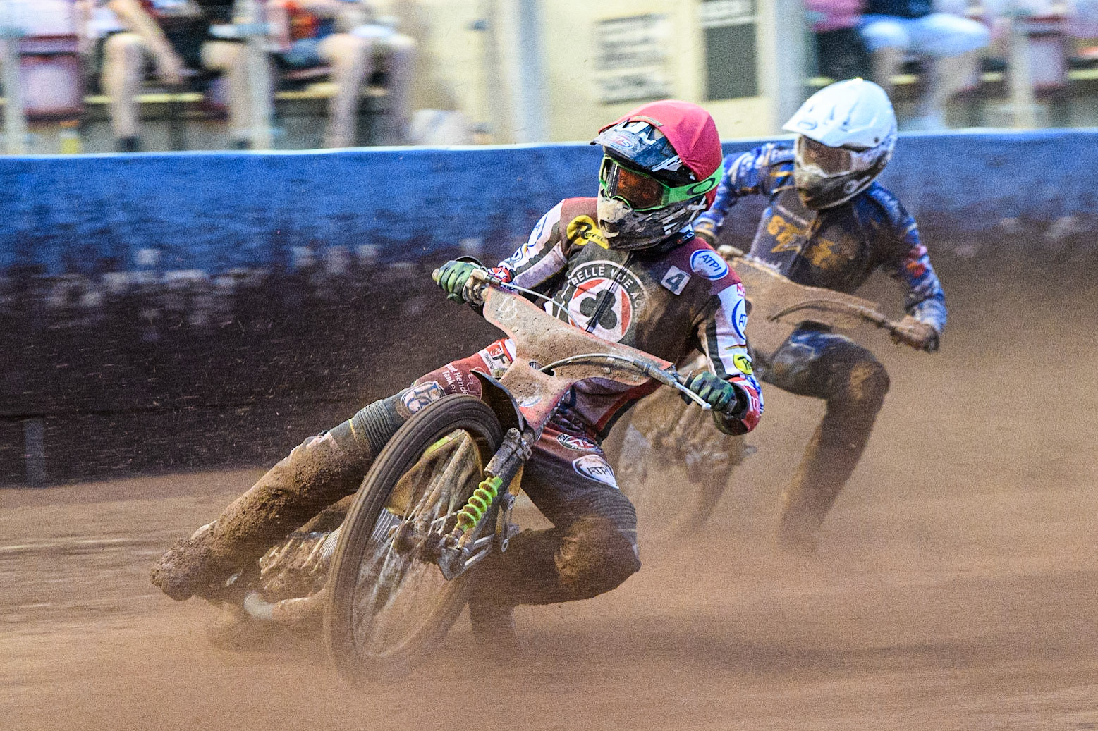 Charles Wright (Red) passes Nicolai Klindt (White) during the Sports Insure Premiership match between Belle Vue Aces and King's Lynn Stars at the National Speedway Stadium, Manchester on Monday 12th June 2023. (Photo: Ian Charles | MI News)