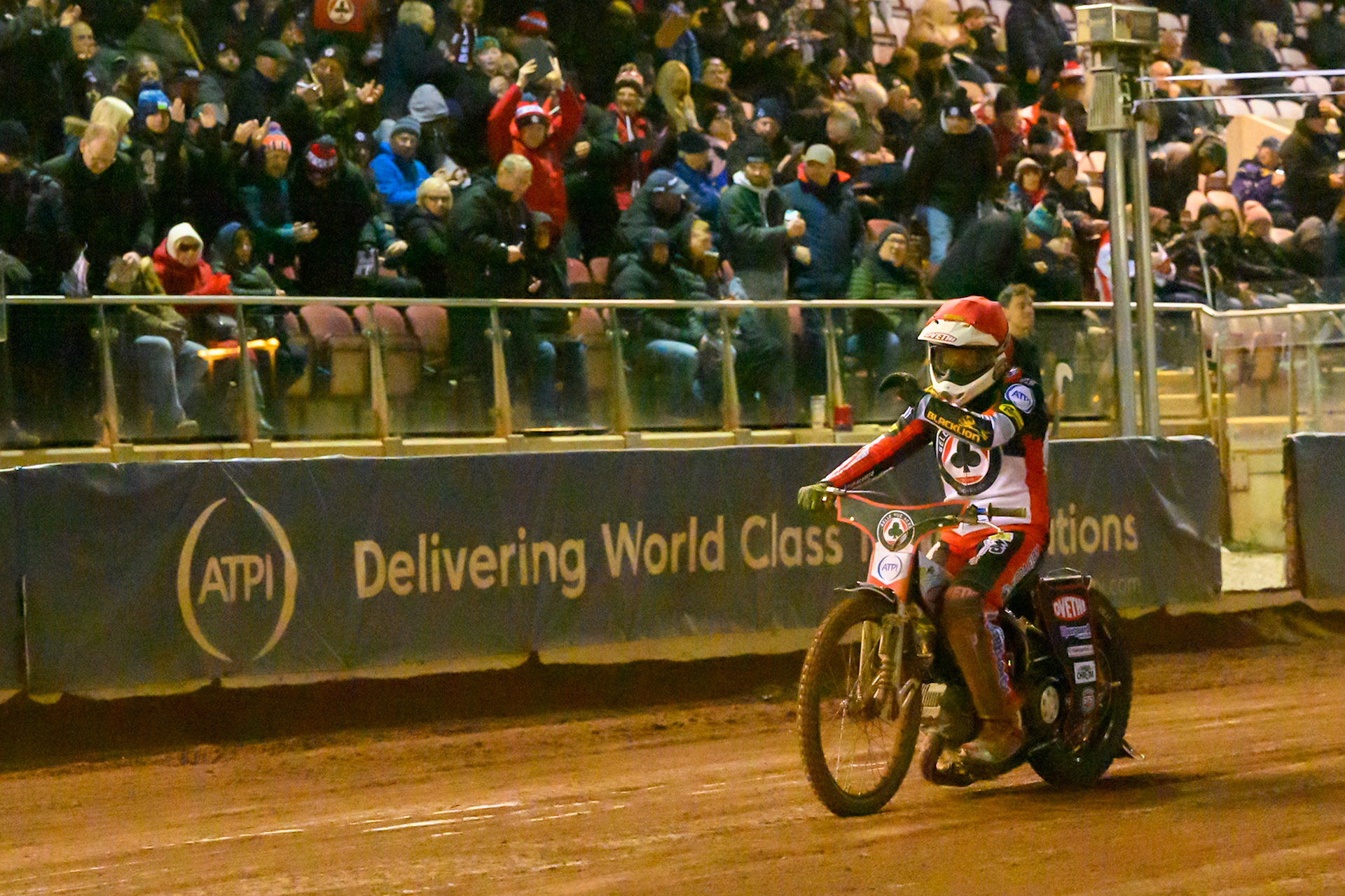 Peter Kildemand of Belle Vue Aces   waves to the fans after his heat 11 win during the Knockout Cup, Northern Section match between Belle Vue Aces and Sheffield Tigers at the National Speedway Stadium, Manchester on Monday 30th March 2026. (Photo: Ian Charles | MI News)