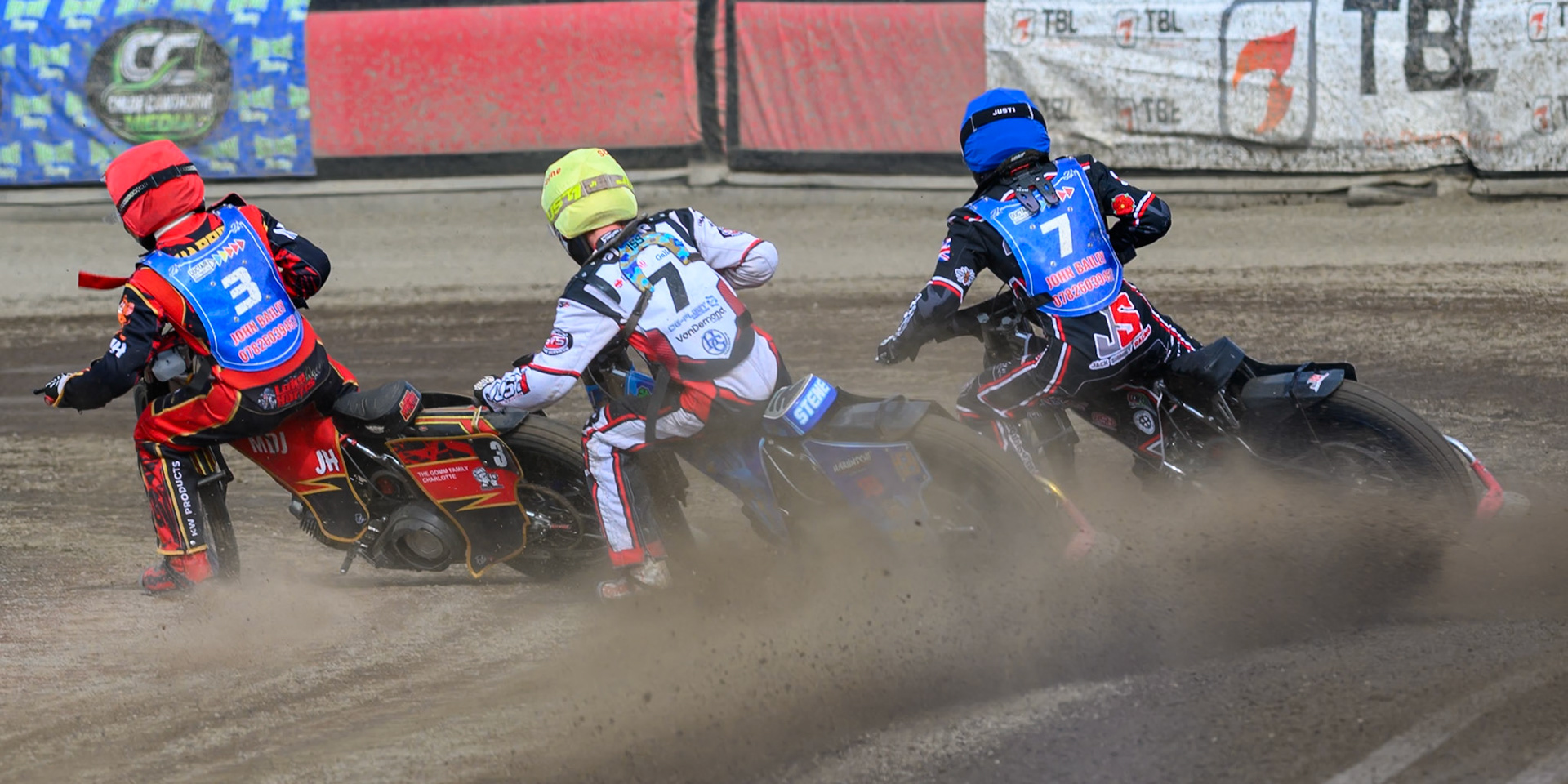 (L to R) Luke Harris of Buxton Bulls in Red  Stene Pijper of Middlesborough Tigers in Yellow  and Jack Shimelt of Buxton Bulls in Blue  go into the first turn during the WSRA National Development League match  between Buxton Bulls and Middlesborough Tigers at Hi-Edge Speedway, Buxton on Sunday 16th August 2026. (Photo: Ian Charles | MI News)