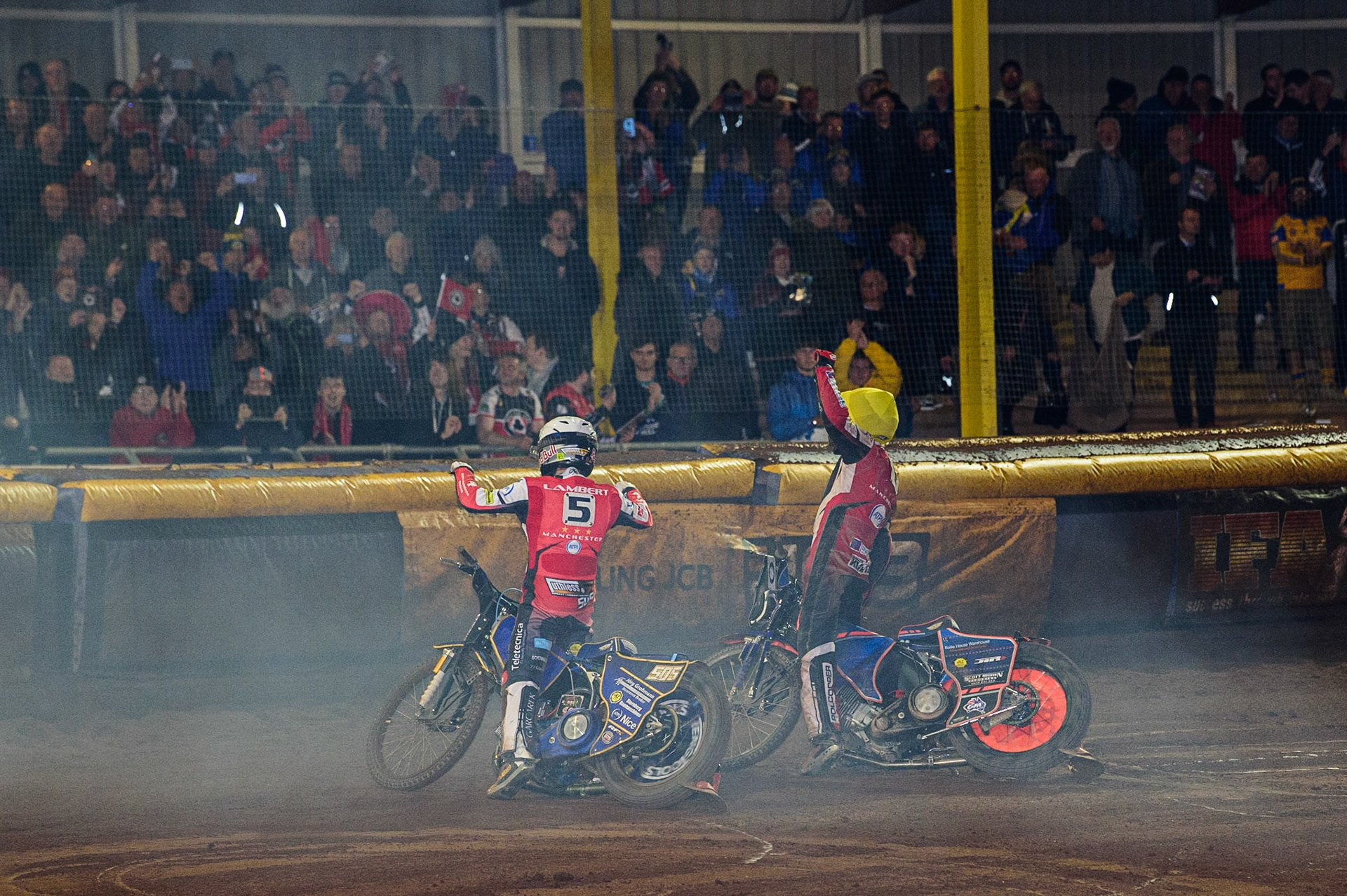 Robert Lambert  (White) and Brady Kurtz  (Yellow) acknowledge the fans during the SGB Premiership Grand Final 2nd Leg between Sheffield Tigers and Belle Vue Aces at Owlerton Stadium, Sheffield on Thursday 13th October 2022. (Credit: Ian Charles | MI News)