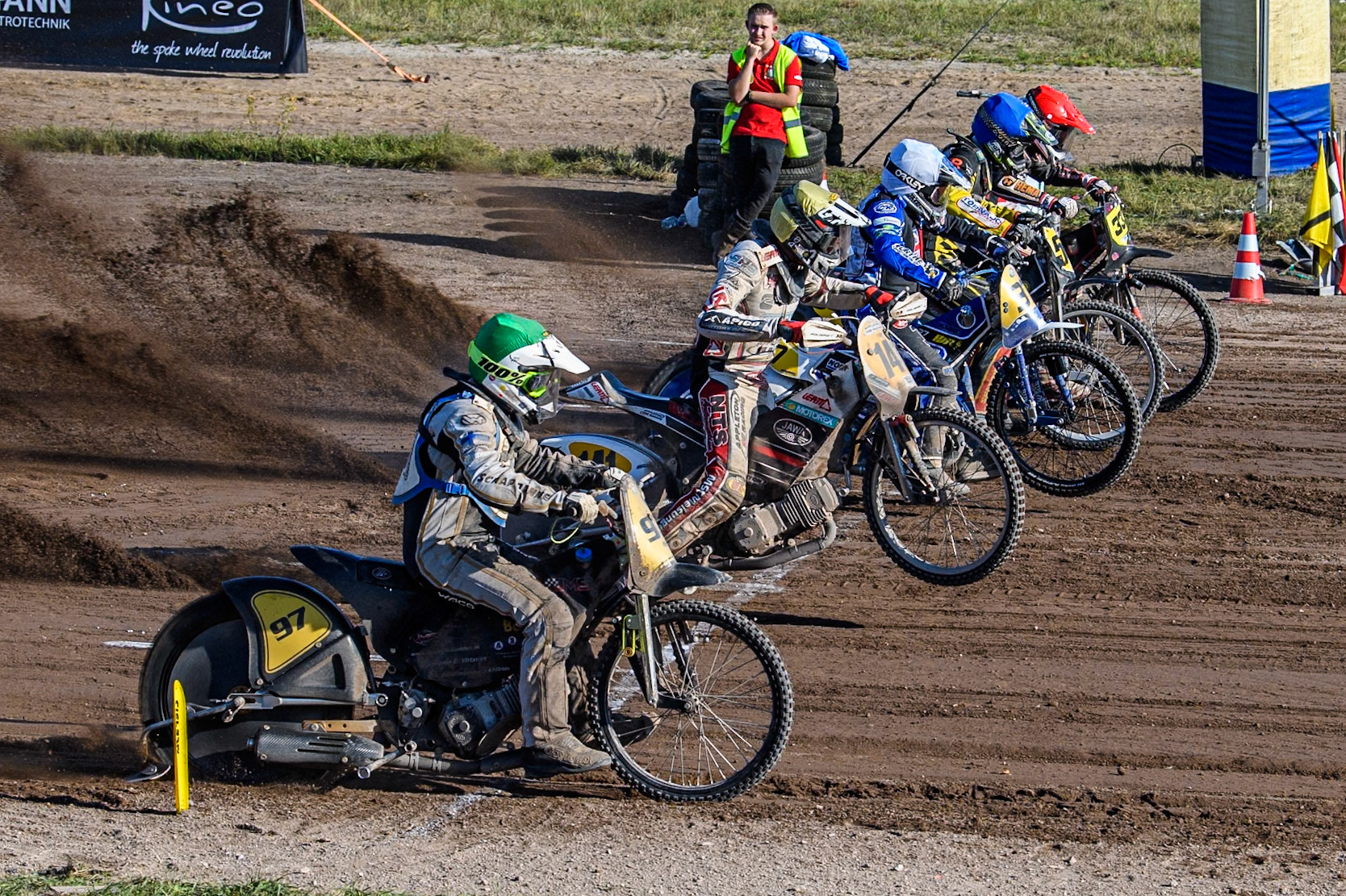 Start of the last chance heat: (L to R) Henri Ahlbom (97) of Finland in Green , Andrew Appleton (141) of Great Britain in Yellow, Chris Harris (37)of Great Britain in White, Mika Meijer (54) of The Netherlands in Blue and Kenneth Kruse Hansen (333) of Denmark in Red during the FIM Long Track World Championship Final 5 at the Speed Centre Roden, Roden, Netherlands on Sunday 22nd September 2024. (Photo: Ian Charles | MI News)