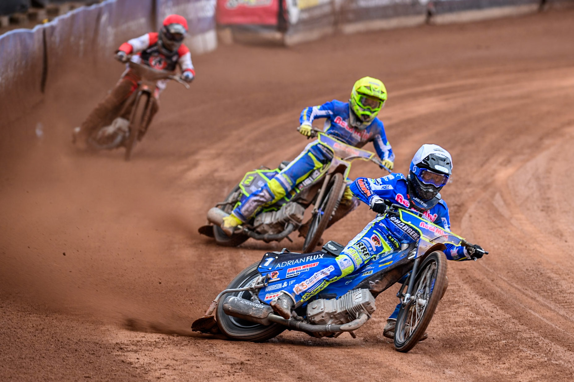 Oxford Chargers' Jody Scott  in White leading Oxford Chargers' Jacob Clouting  in Yellow and Belle Vue Colts' Jack Kingston  in Red during the WSRA National Development League match between Belle Vue Colts and Oxford Chargers at the National Speedway Stadium, Manchester on Sunday 1st June 2025. (Photo: Ian Charles | MI News)