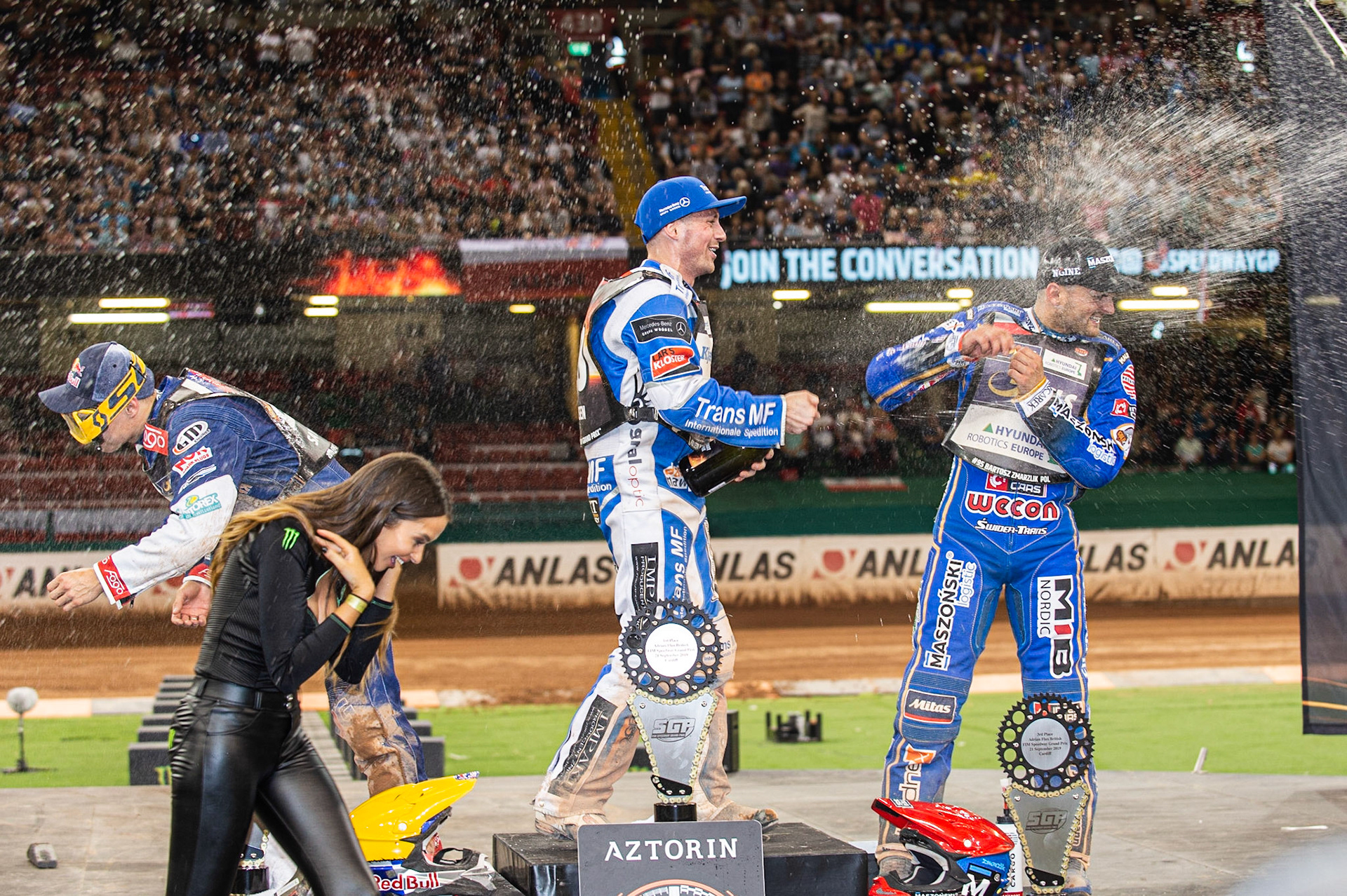 CARDIFF,WALES  Champagne capers on the rostrum during the ADRIAN FLUX BRITISH FIM SPEEDWAY GRAND PRIX at the Principality Stadium, Cardiff on Saturday 21st September 2019. (Credit: Ian Charles | MI News)