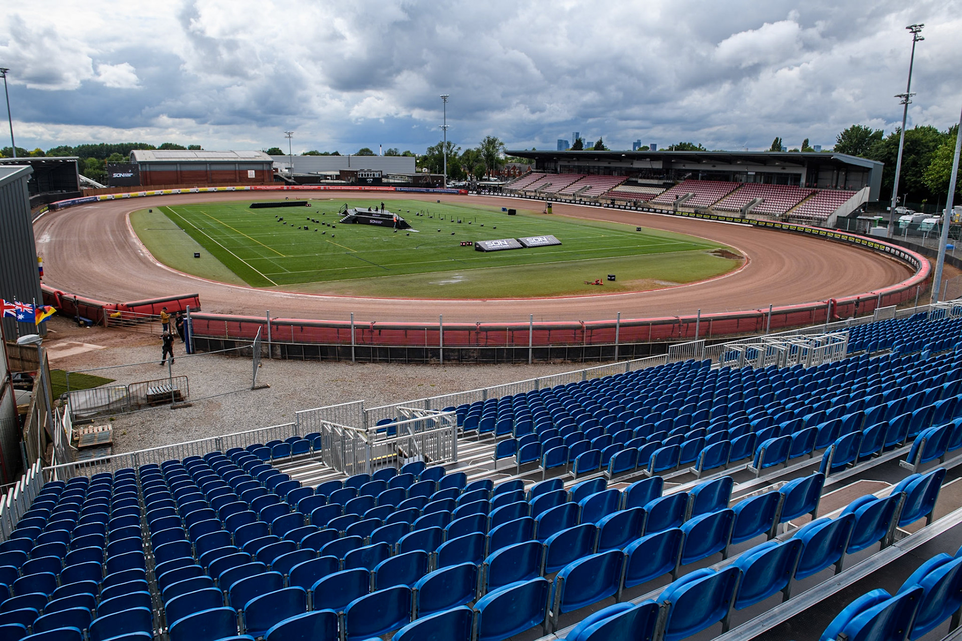 A view of the National Speedway Stadium from the East Grandstand during the Monster Energy FIM Speedway of Nations Semi-Final 1 at the National Speedway Stadium, Manchester on Tuesday 9th July 2024. (Photo: Ian Charles | MI News)