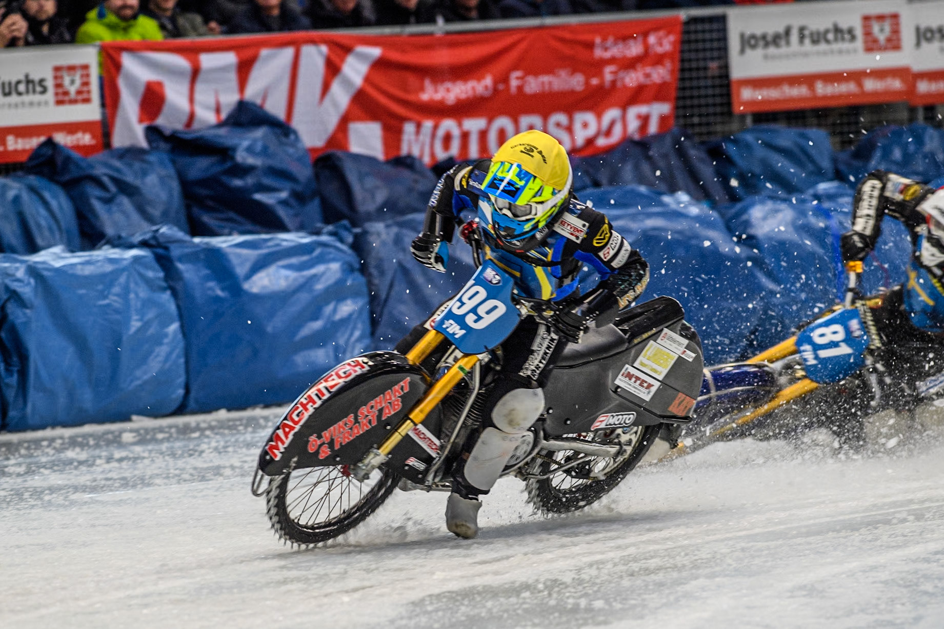 Sweden's Martin Haarahiltunen (199)  gets into difficulty and manages to correct it during the FIM Ice Speedway Gladiators World Championship Final 2 at the Max-Aicher-Arena, Inzell on Sunday 24 March 2024. (Photo: Ian Charles | MI News)
