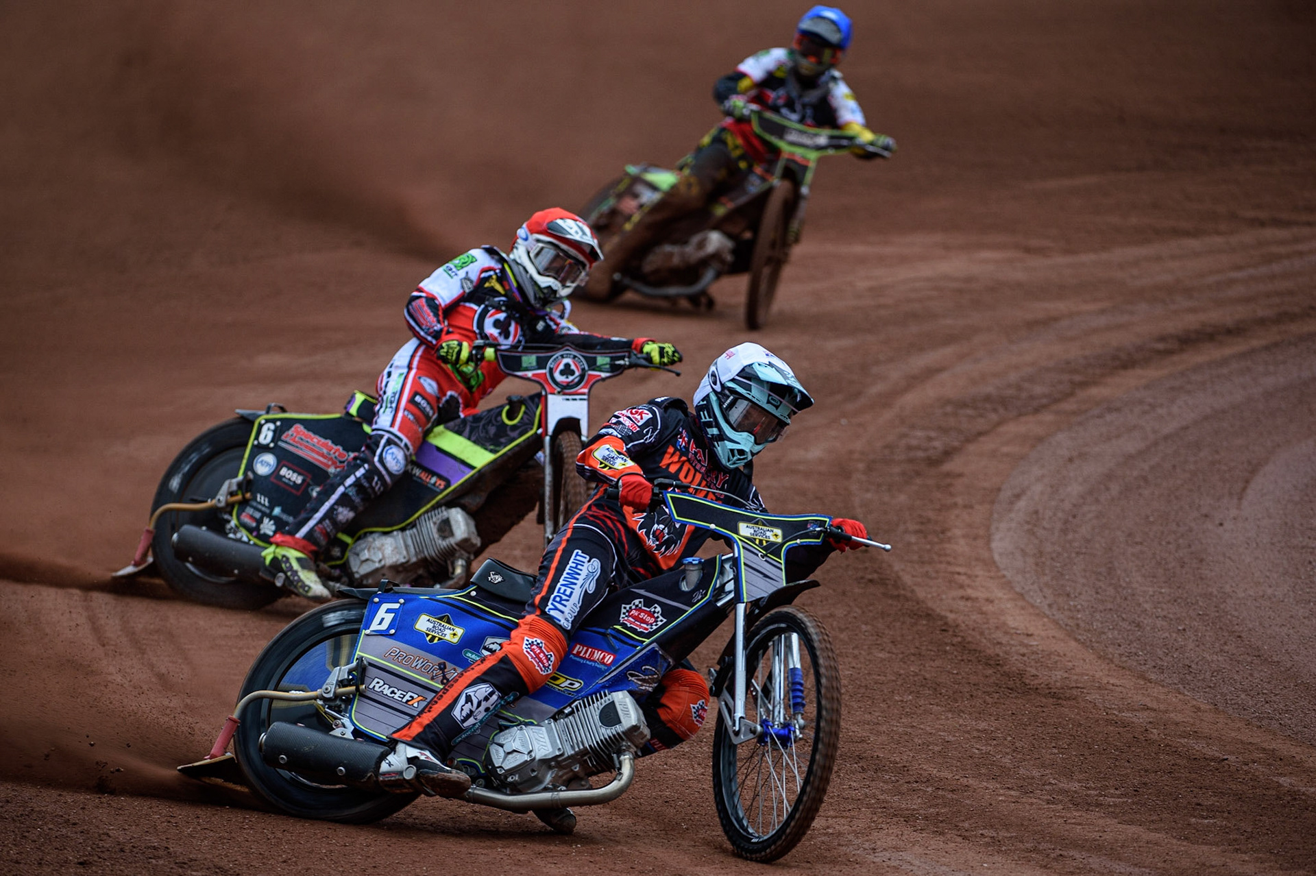 MANCHESTER, UK. AUGUST 30TH Ryan Douglas  (White) leads Tom Brennan  (Red) and Nikolaj B. Jakobsen  (Blue) during the SGB Premiership match between Belle Vue Aces and Wolverhampton Wolves at the National Speedway Stadium, Manchester on Monday 30th August 2021. (Credit: Ian Charles | MI News)