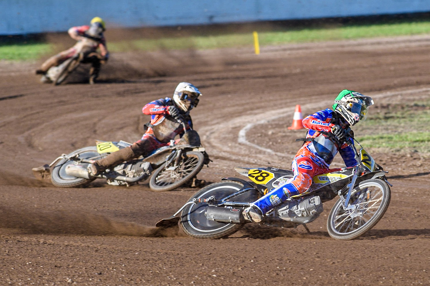 Mika Meijer (Green) leads  team mate Dave Meijerink (White) during the FIM Long Track Of Nations event at the Speed Centre Roden on Sunday 24th September 2023. (Photo: Ian Charles | MI News)