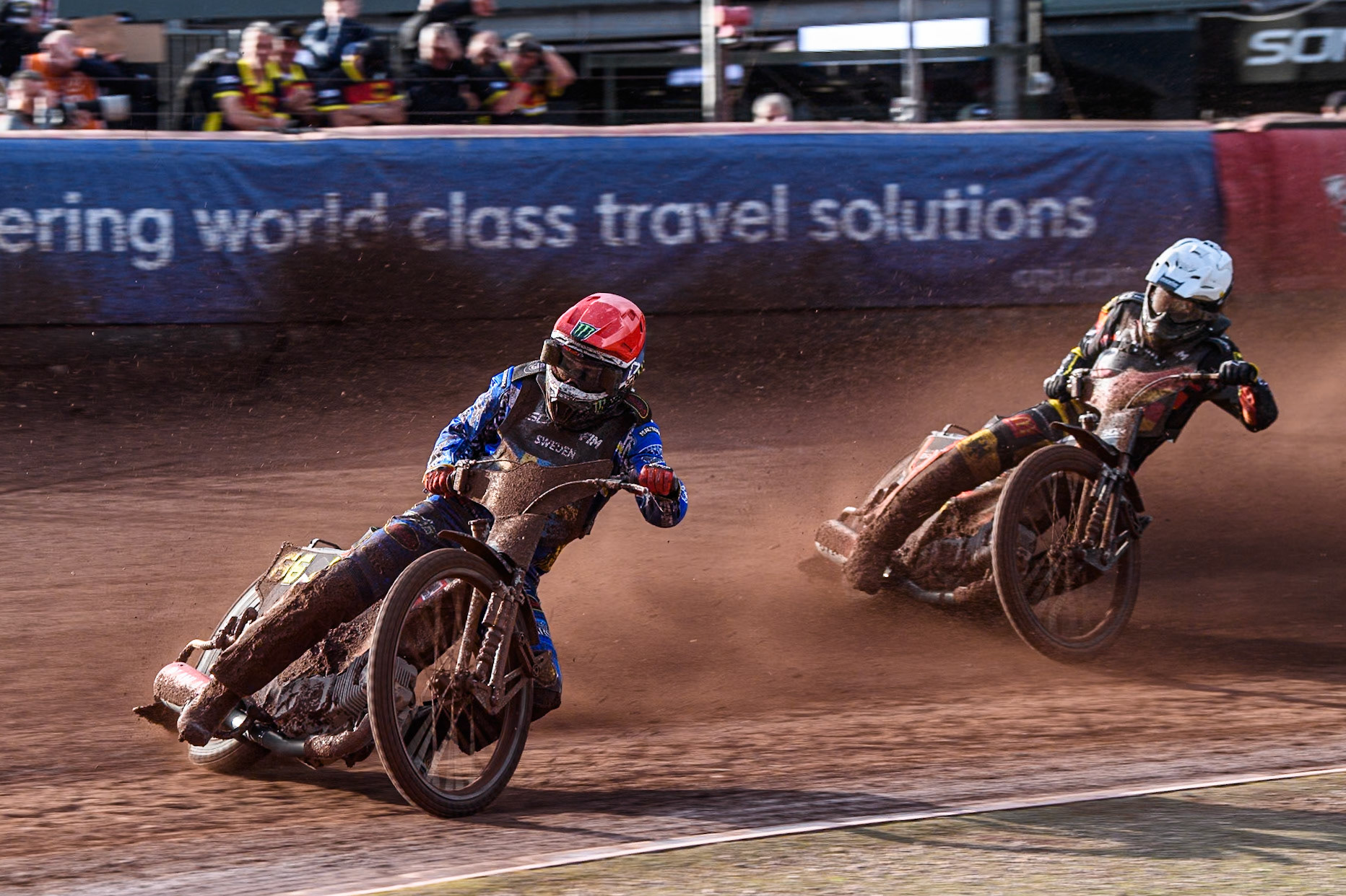 Fredrik Lindgren of Sweden in Red leading Kai Huckenbeck of Germany in White during the Monster Energy FIM Speedway of Nation Final at the National Speedway Stadium, Manchester on Saturday 13th July 2024. (Photo: Ian Charles | MI News)