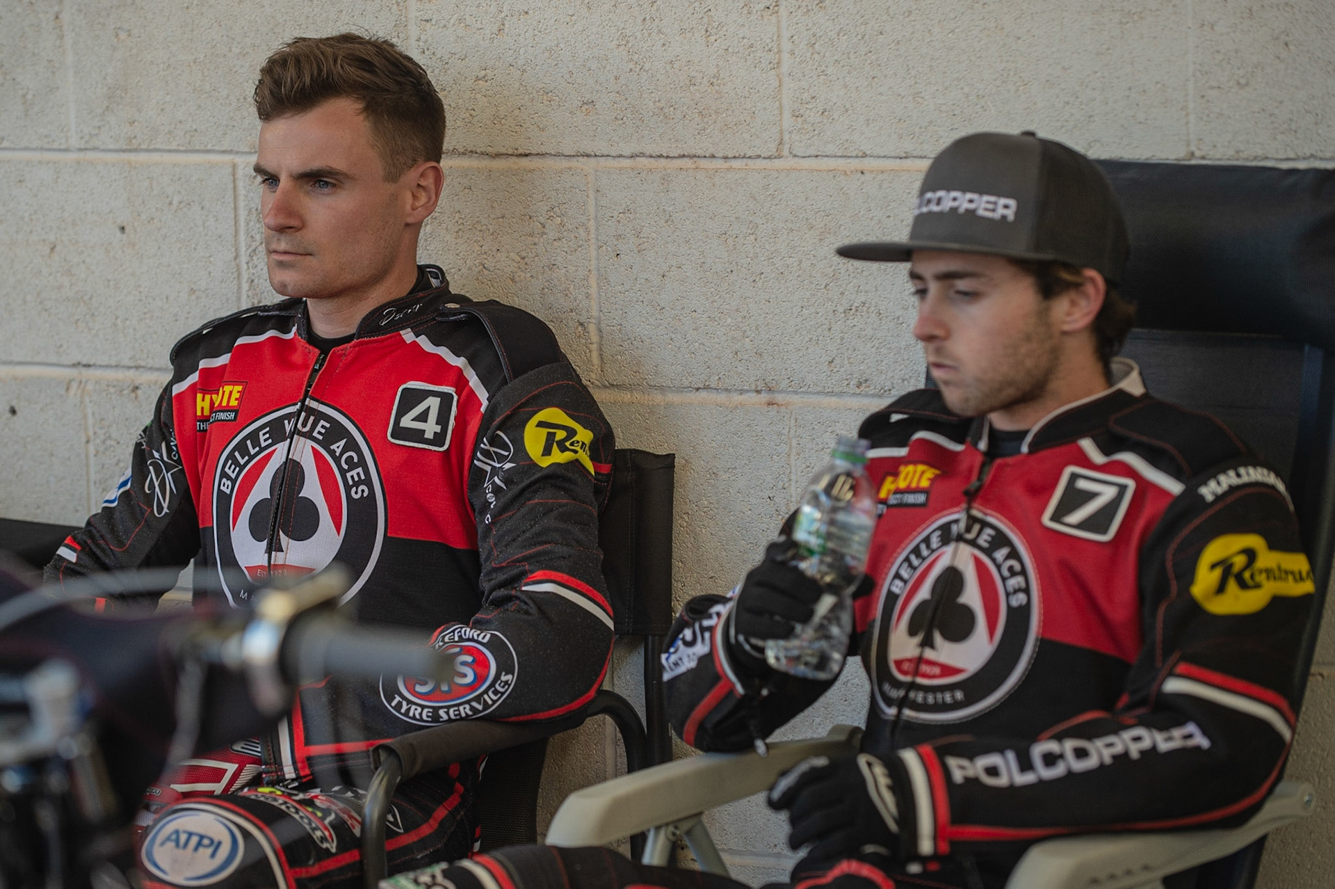Photo: Ian Charles

Steve Worrall  (left) with Jaimon Lidsey 

Belle Vue Aces v Swindon Robins, British Speedway Premiership, Belle Vue National Speedway Stadium, Manchester, Monday 20  May  2019