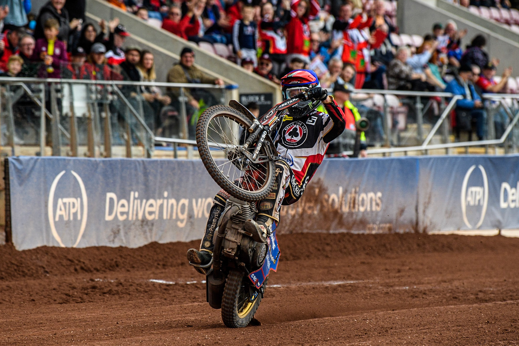 Dan Bewley celebrates with a wheelie during the Sports Insure Premiership match between Belle Vue Aces and Leicester Lions at the National Speedway Stadium, Manchester on Monday 28th August 2023. (Photo: Ian Charles | MI News)