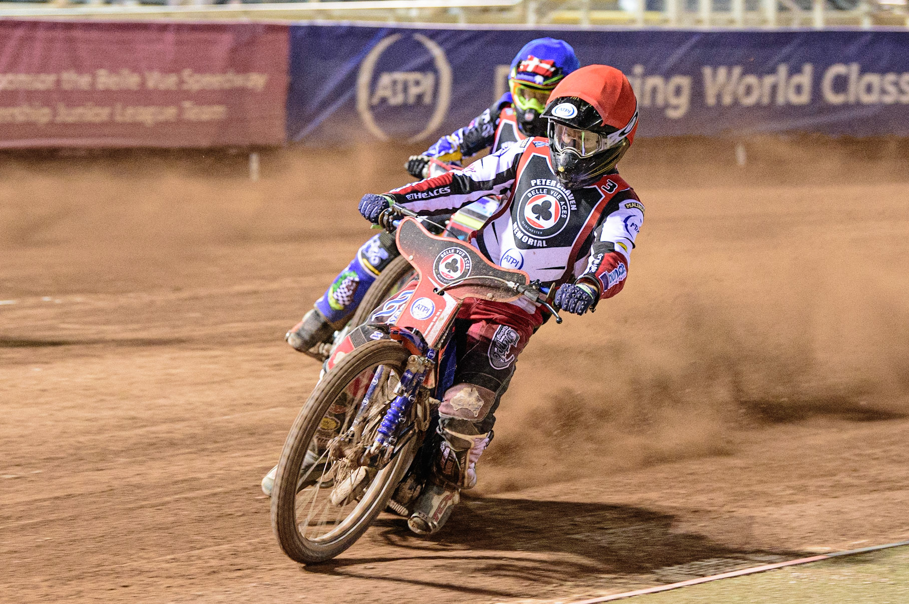 MANCHESTER, UK. MAR 21ST. Brady Kurtz (Red) leads Michael Palm-Toft (Blue) during the ATPI Peter Craven Memorial Trophy at the National Speedway Stadium, Manchester on Monday 21st March 2022. (Credit: Ian Charles | MI News)
