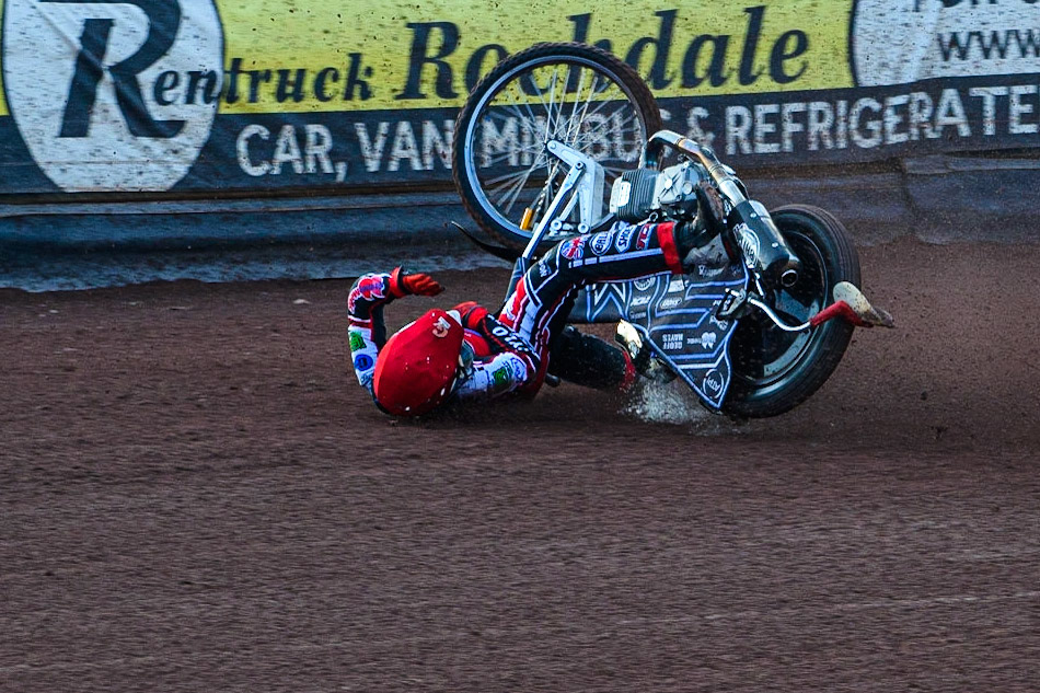 MANCHESTER, UK. JULY 23RD Sam McGurk   spins off during the National Development League match between Belle Vue Colts and Eastbourne Seagulls at the National Speedway Stadium, Manchester on Friday 23rd July 2021. (Credit: Ian Charles | MI News)