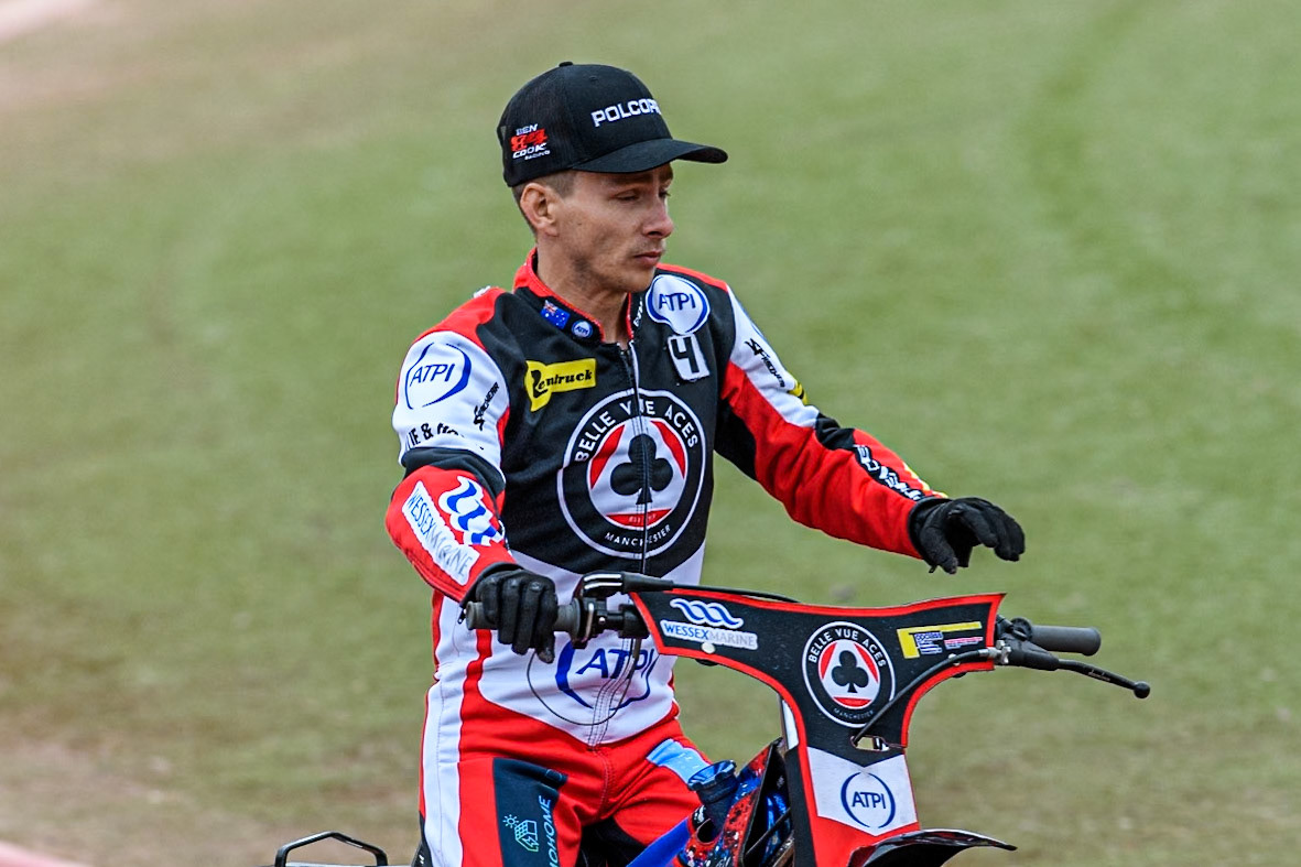 Belle Vue Aces' Ben Cook on the parade lap during the Rowe Motor Oil Premiership match between Belle Vue Aces and Oxford Spires at the National Speedway Stadium, Manchester on Monday 22nd July 2024. (Photo: Ian Charles | MI News)