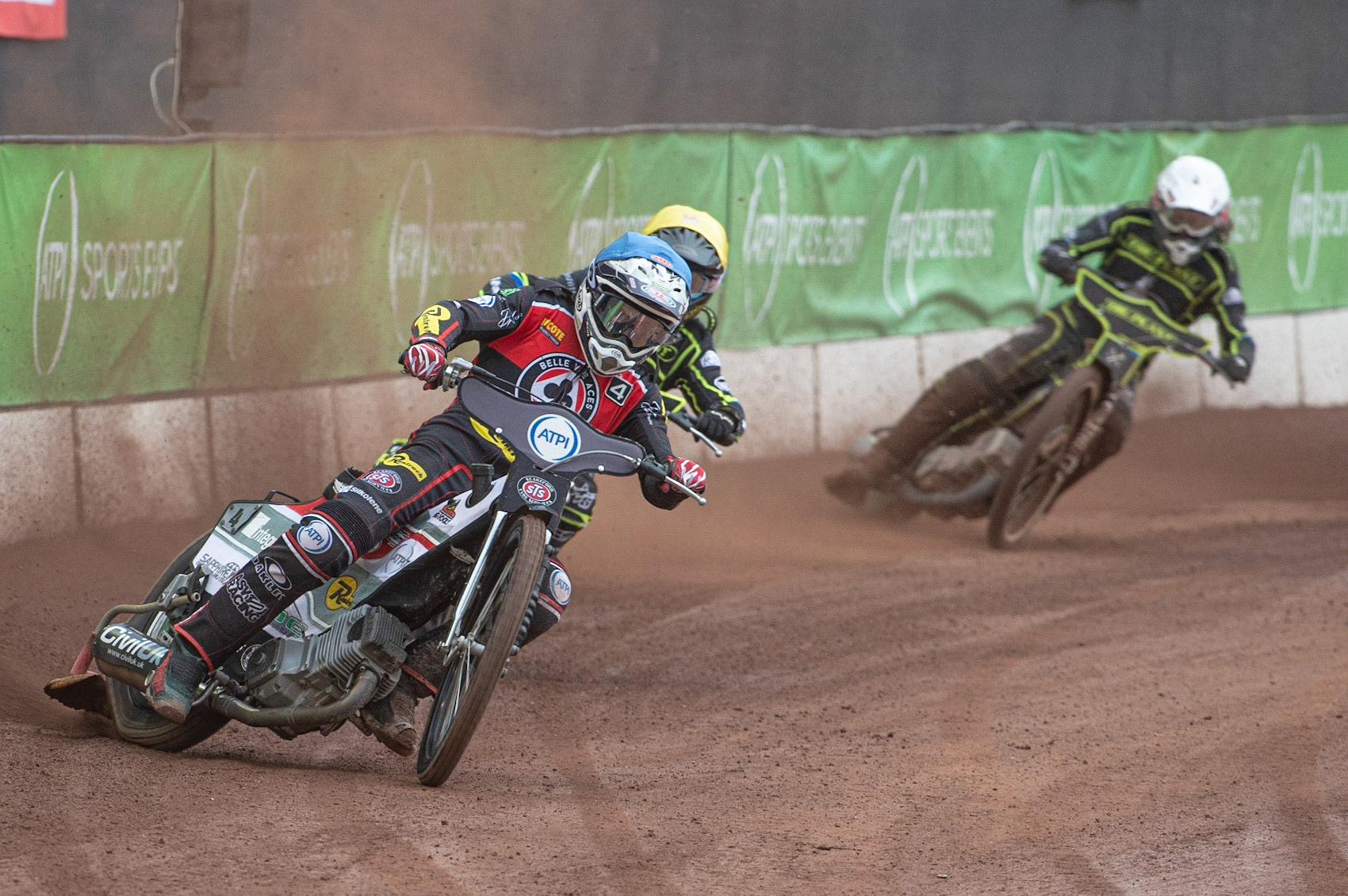 Photo: Ian Charles

Steve Worrall  (Blue) leads Danny King  (Yellow) and Richard Lawson (White) 

Belle Vue Aces v Ipswich Witches, British Speedway Premiership, Belle Vue National Speedway Stadium, Manchester, Monday 3  June  2019