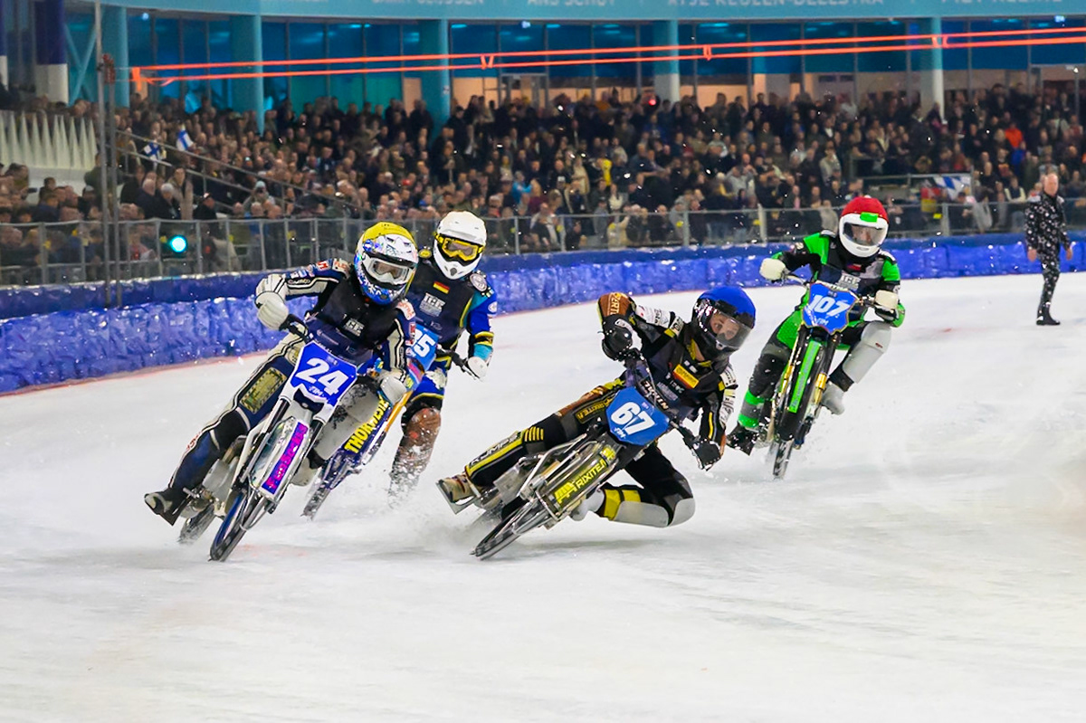 Heikki Huusko (67) of Finland in Blue rides inside Max Koivula (24) of Finland in Yellow with Luca Bauer (85) of Italy/Germany  in White and Andrej Divis (107) of Czechia in Red behind during the FIM Ice Speedway Gladiators World Championship Final 3 at Ice Rink Thialf, Heerenveen on Saturday 11th April 2026. (Photo: Ian Charles | MI News)