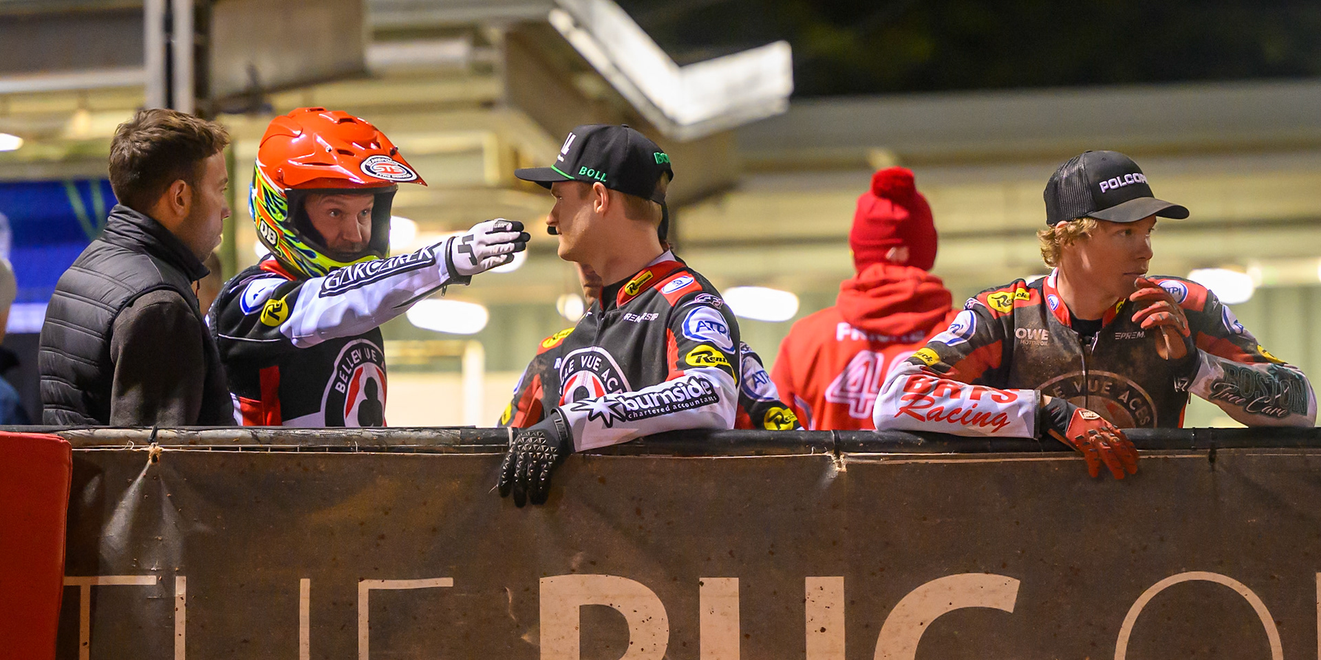 (L to R) Peter Kildemand of Belle Vue aces, Nicolai Klindt, Guest Rider for Belle Vue Aces, Brady Kurtz of Belle Vue Aces and Tate Zischke of Belle Vue Aces  during the Rowe Motor Oil Premiership Grand Final 2nd Leg between Belle Vue Aces and Sheffield Tigers at the National Speedway Stadium, Manchester on Friday 16th October 2026. (Photo: Ian Charles | MI News)
