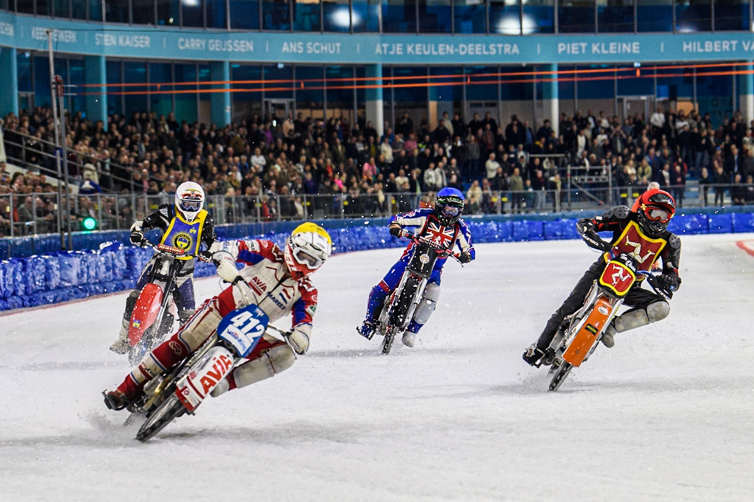Niek Schaap of The Netherlands in Yellow leading Tim Dixon of Great Britain in Red, Rob Irving of Great Britain in Blue and David Lizák of The Czech Republic in White during the Roelof Thijs Bokaal, Ice Rink Thialf, Heerenveen, Netherlands on Friday 4th April 2025. (Photo: Ian Charles | MI News)