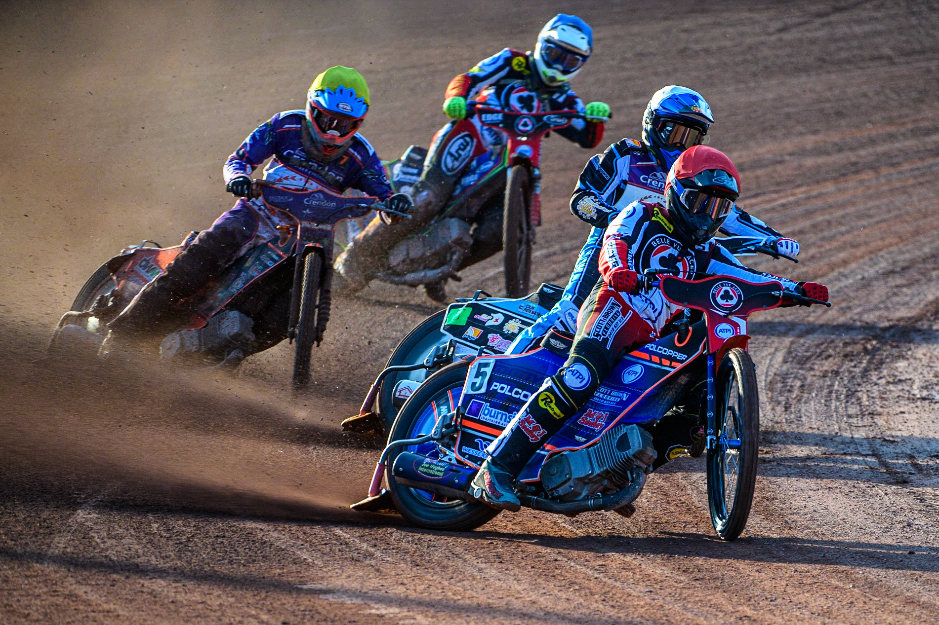 Brady Kurtz (Red) leads Vadim Tarasenko (White) Jordan Jenkins (Yellow) and Jake Mulford (Blue) during the Sports Insure Premiership match between Belle Vue Aces and Peterborough at the National Speedway Stadium, Manchester on Monday 19th June 2023. (Photo: Ian Charles | MI News)