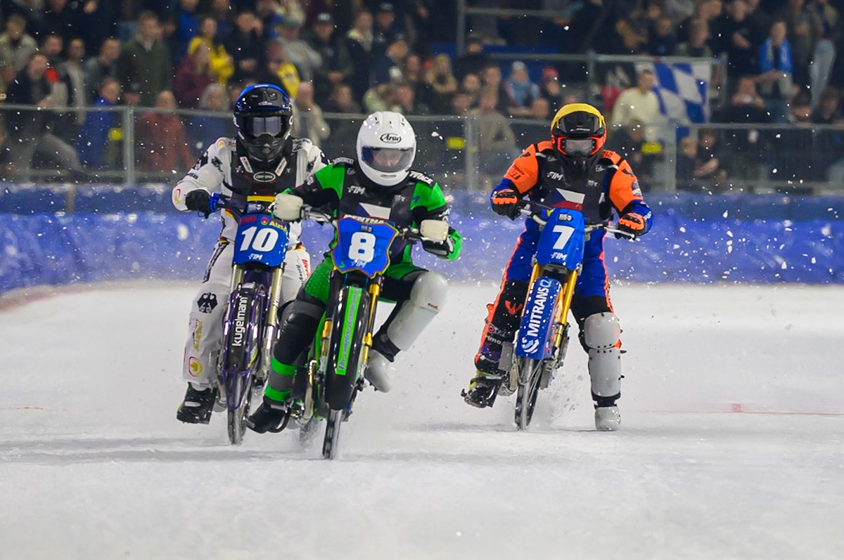 Andrej Diviš (8) of Czechia in White leading Christoph Kirchner (10) of Germany in Blue and Lukáš Hutla (7) of Czechia  in Yellow during the FIM Ice Speedway Of Nations at Ice Rink Thialf, Heerenveen on Sunday 12th April 2026. (Photo: Ian Charles | MI News)