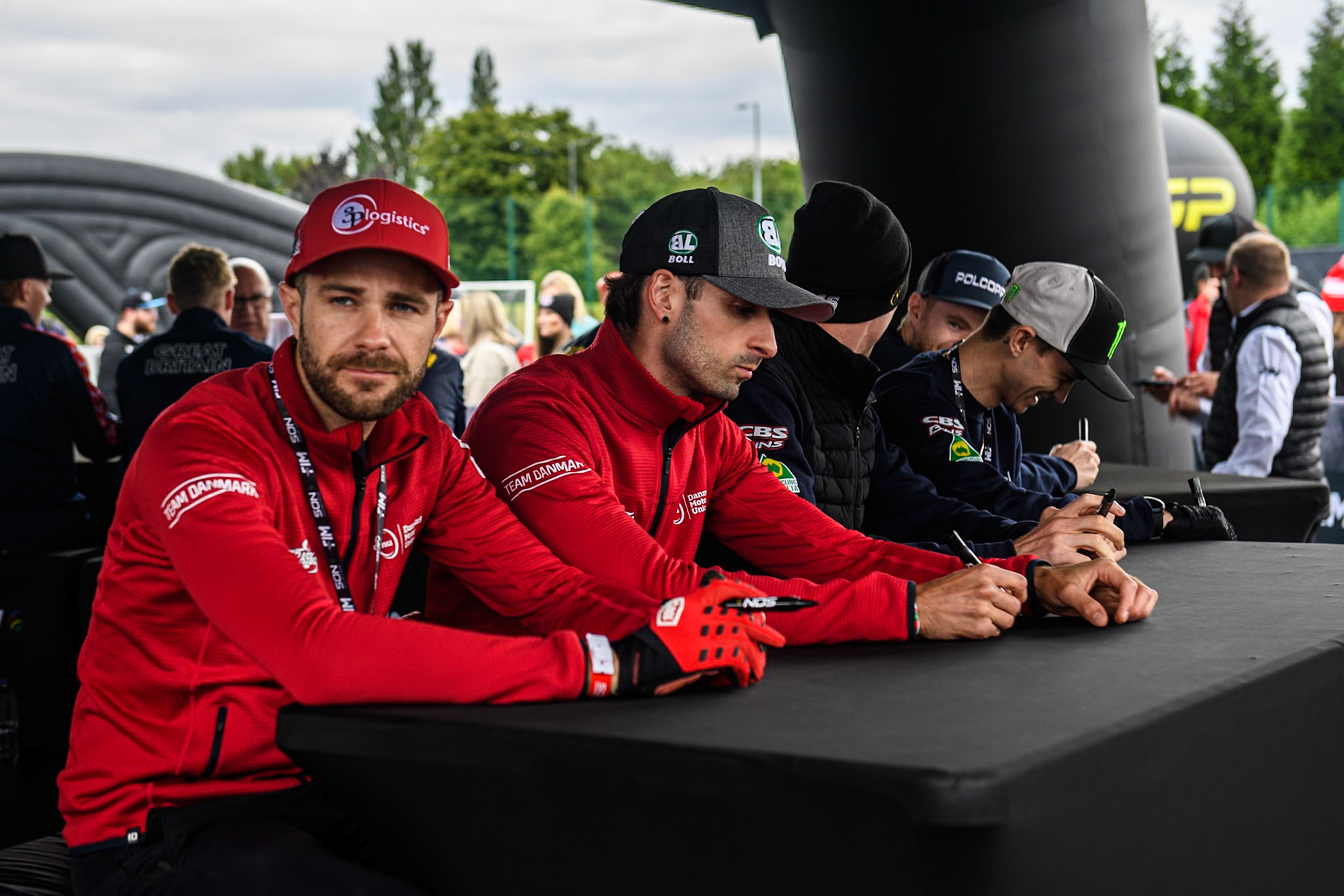 Riders in the autograph session during the Monster Energy FIM Speedway of Nation Final at the National Speedway Stadium, Manchester on Saturday 13th July 2024. (Photo: Ian Charles | MI News)