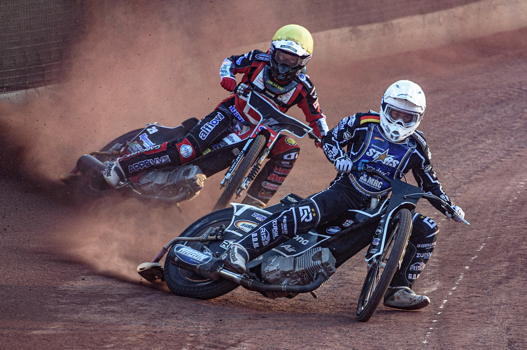 GLASGOW, UK. JUNE 19TH.  Erik Riss (Germany) (White) leads Nicolai Klindt (Denmark) (Yellow) during the FIM Speedway Grand Prix Qualifying Round at the Peugeot Ashfield Stadium, Glasgow on Saturday 19th June 2021. (Credit: Ian Charles | MI News)