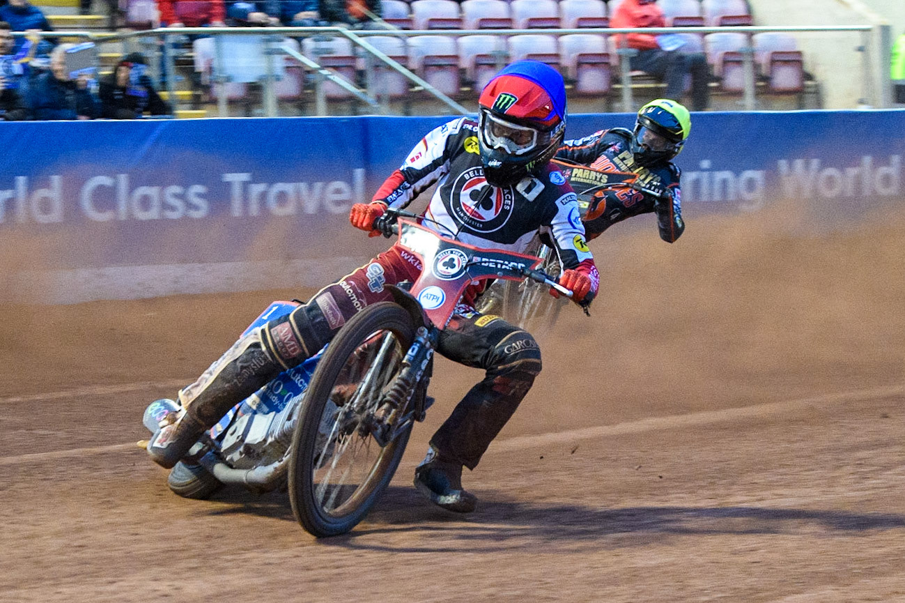 Dan Bewley (Blue) leads Ryan Douglas (Yellow) during the Sports Insure Premiership Knock Out Cup Quarter Final 2nd Leg between Belle Vue Aces and Wolverhampton Wolves at the National Speedway Stadium, Manchester on Thursday 18th May 2023. (Photo: Ian Charles | MI News)