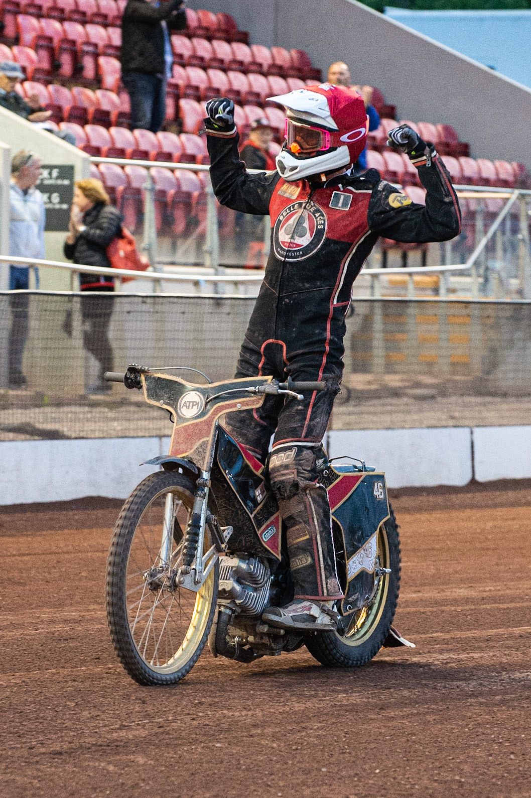 Photo: Ian Charles

Max Fricke  celebrates 

Belle Vue Aces v Ipswich Witches, British Speedway Premiership, Belle Vue National Speedway Stadium, Manchester, Monday 3  June  2019